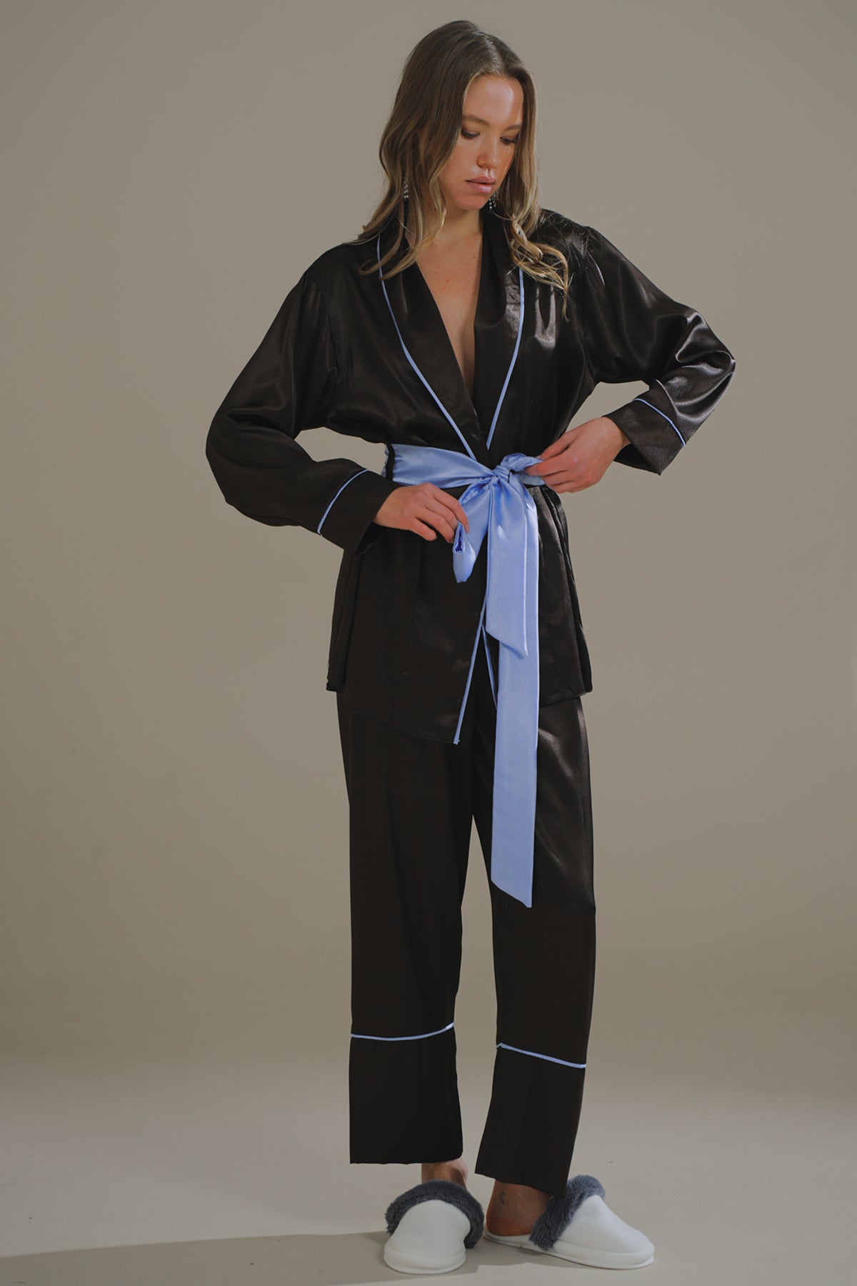 Aci Kahve-Mavi Miks Saten Şal Yaka KiMono-Pantolon Takim