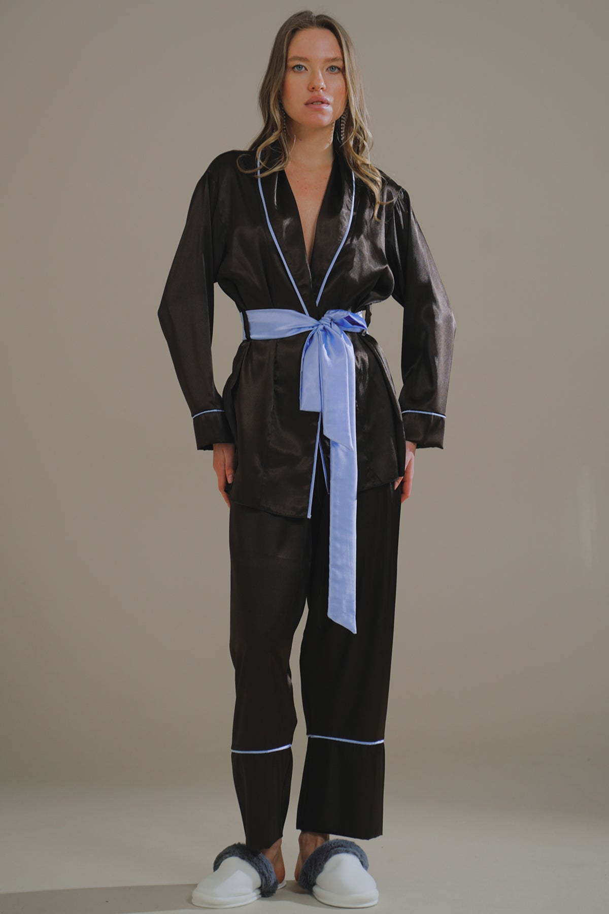 Aci Kahve-Mavi Miks Saten Şal Yaka KiMono-Pantolon Takim