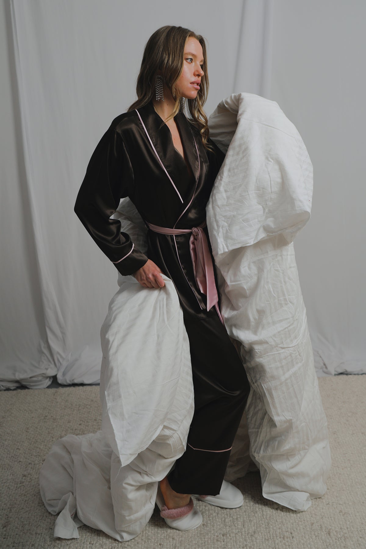 Aci Kahve-Pudra Miks Saten Şal Yaka KiMono-Pantolon Takim