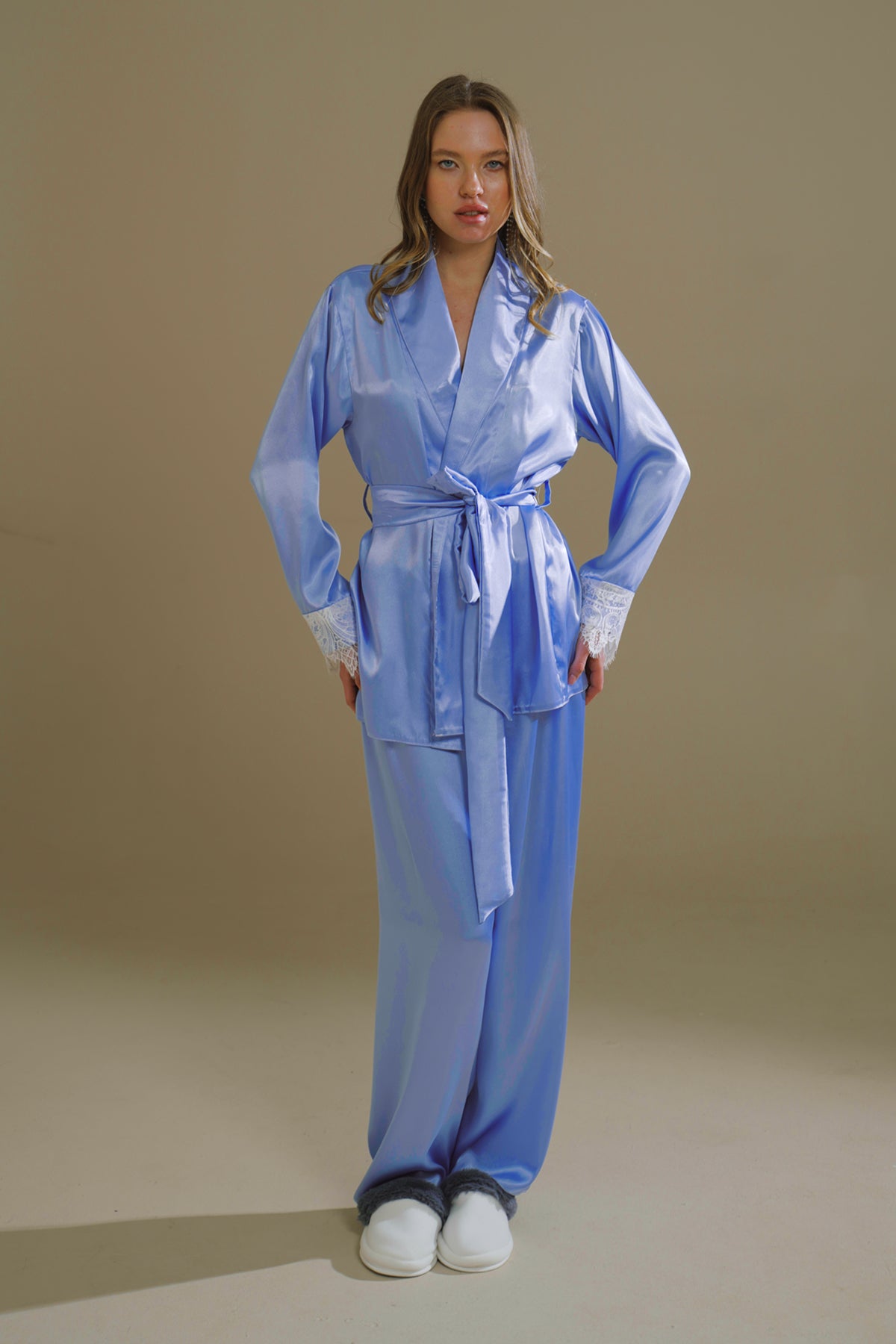 Buz Mavi Saten Şal Yaka KiMono-Pantolon Takim