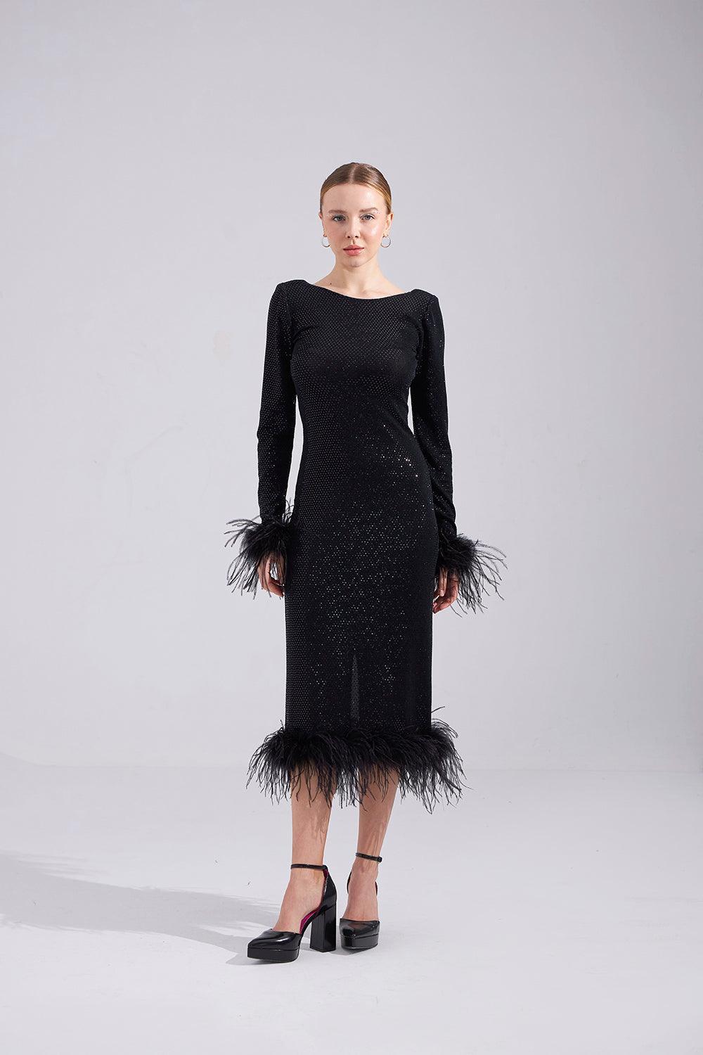 Mozto-Patrice Tüylü Siyah Midi Elbise-Elbise-2-milagron.live