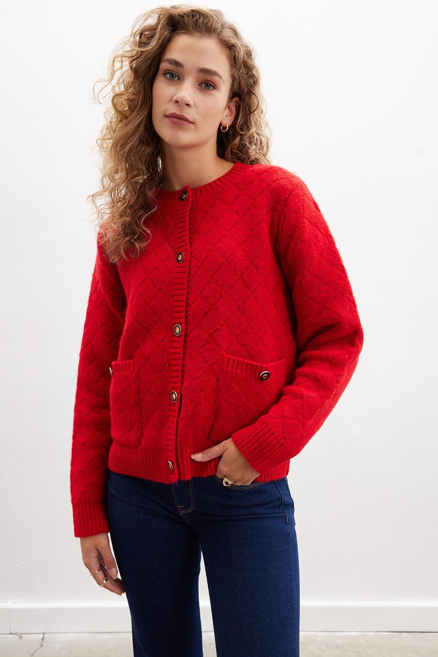 Peraluna Alba Jacket Baklava Desen Bisiklet Yaka Rahat Kesim Kadın Triko Ceket - Kırmızı