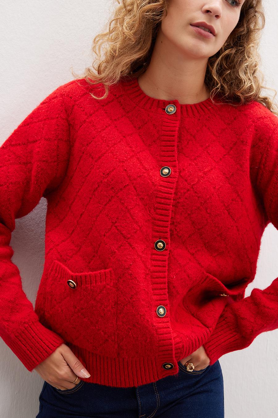 Peraluna Alba Jacket Baklava Desen Bisiklet Yaka Rahat Kesim Kadın Triko Ceket - Kırmızı
