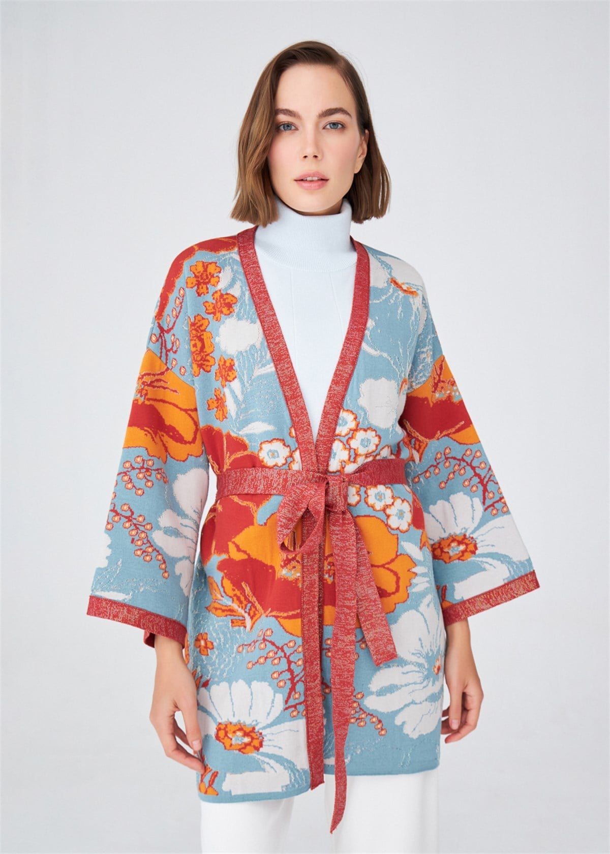 Peraluna Çicek Desenli Bol Kesim Pamuklu Kadın Triko Kimono - Çok Renkli