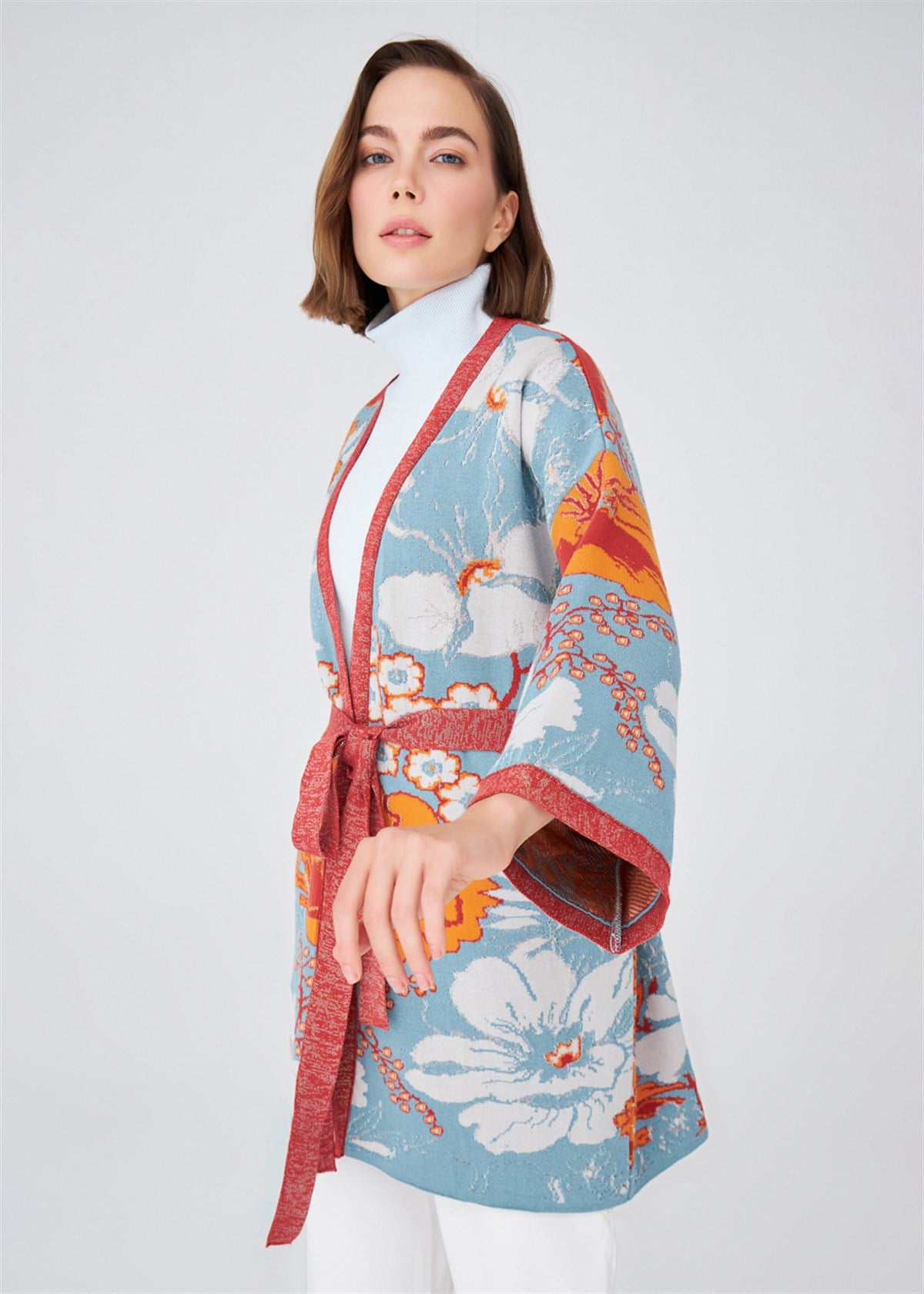 Peraluna Çicek Desenli Bol Kesim Pamuklu Kadın Triko Kimono - Çok Renkli