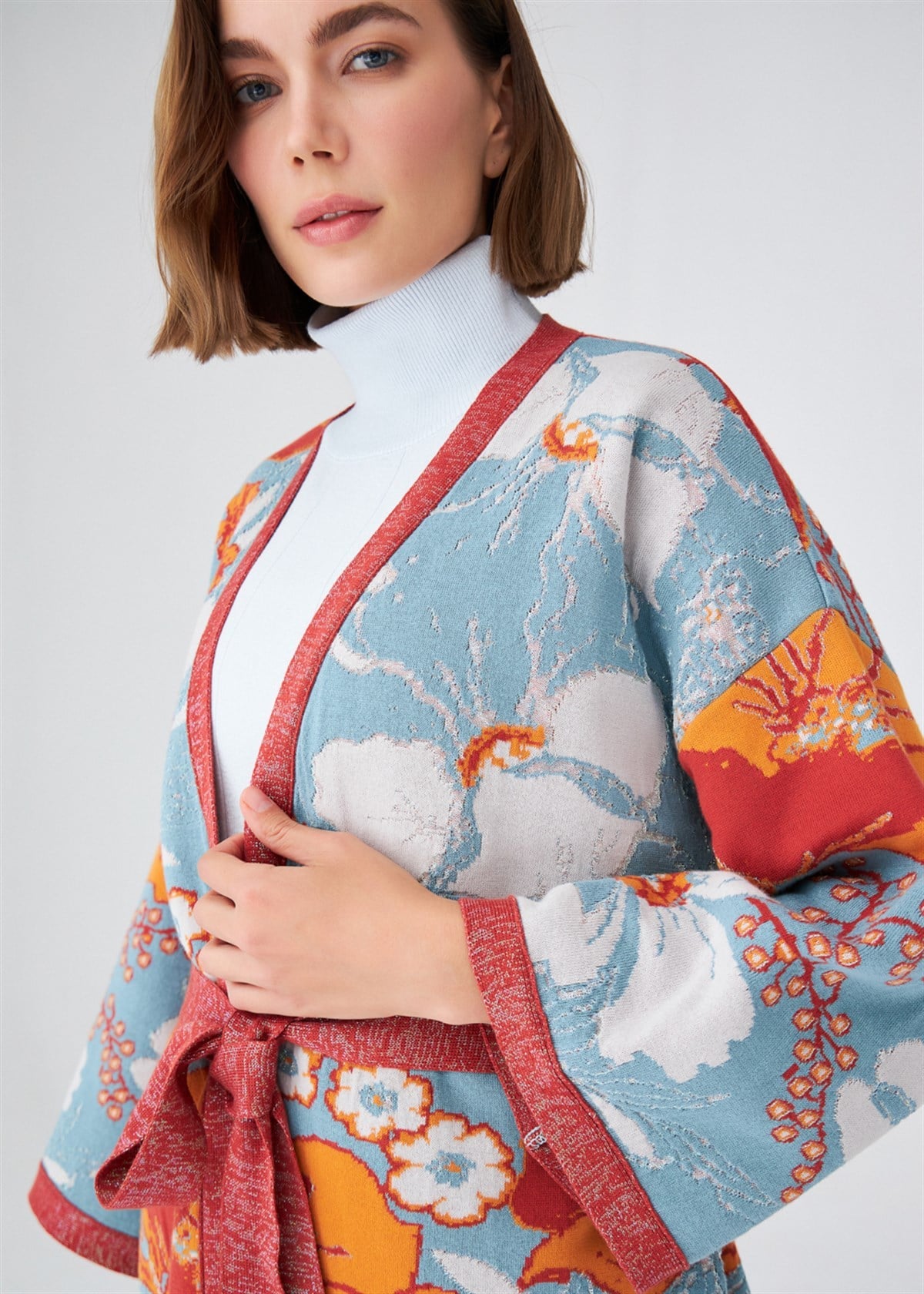 Peraluna Çicek Desenli Bol Kesim Pamuklu Kadın Triko Kimono - Çok Renkli