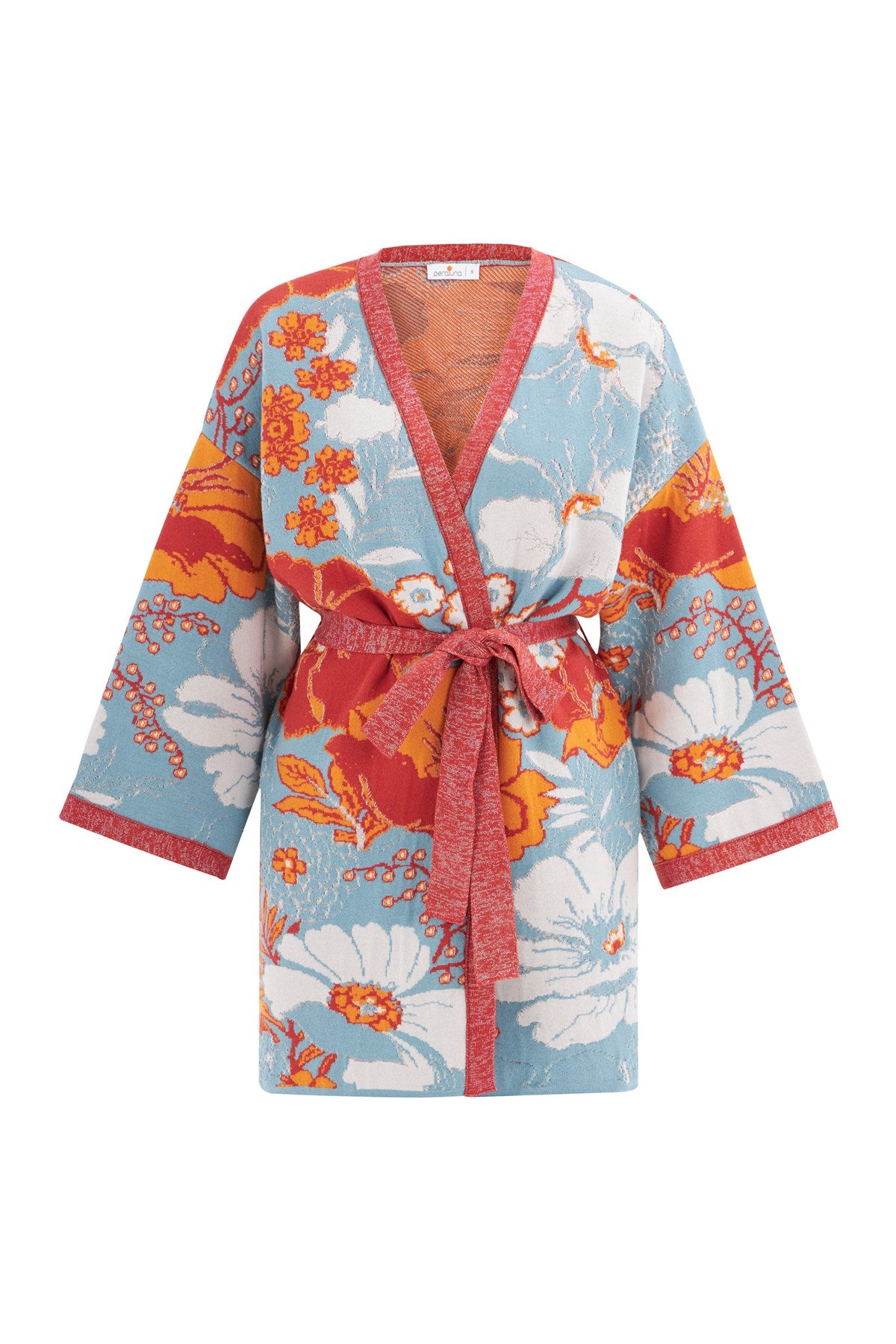 Peraluna Çicek Desenli Bol Kesim Pamuklu Kadın Triko Kimono - Çok Renkli