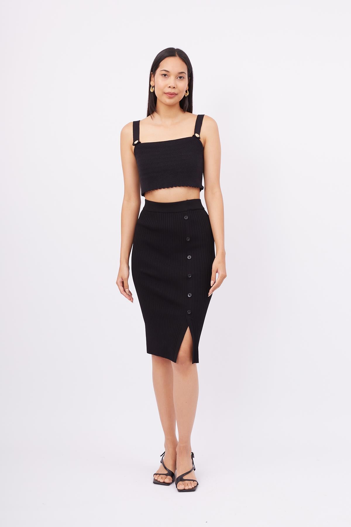 Peraluna-Jasmine Skirt Midi Boy Yandan Düğmeli Ribana Kadın Triko Etek Siyah-Etek-1-milagron.live