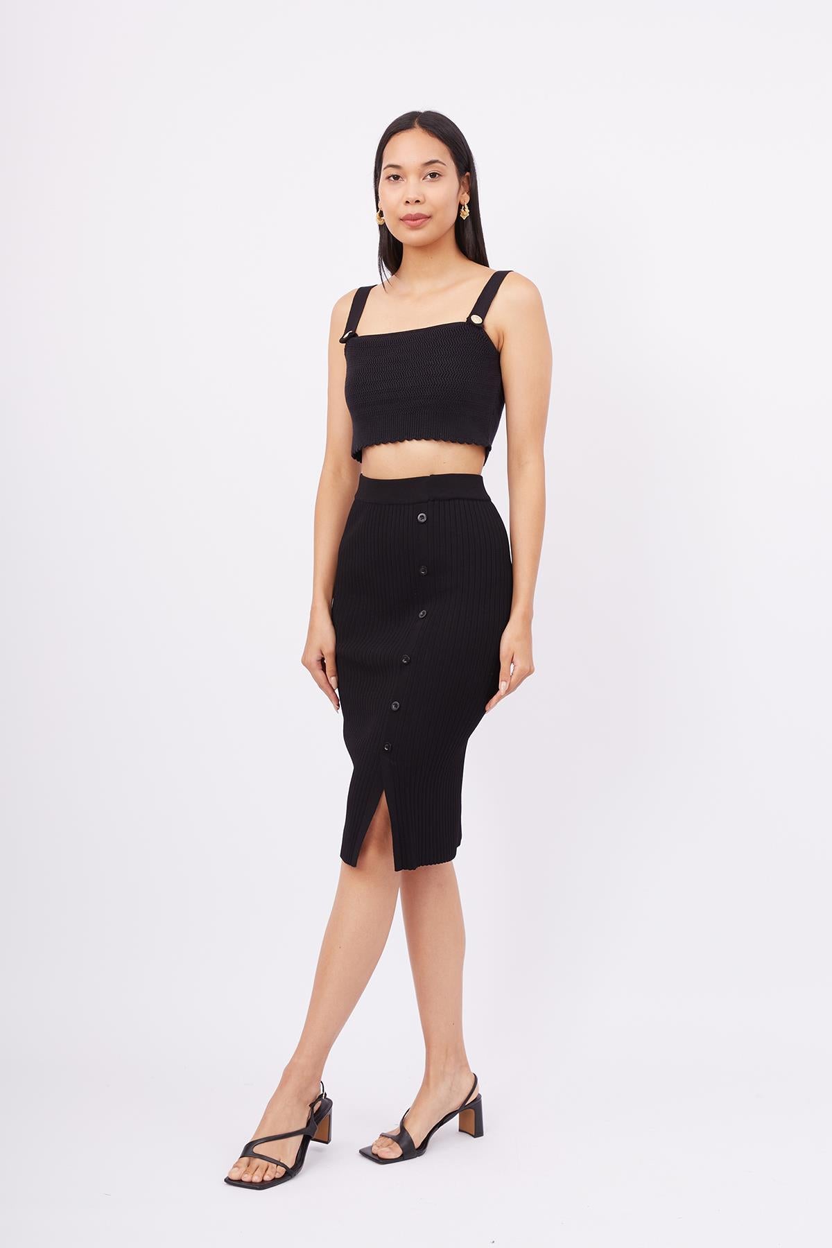 Peraluna-Jasmine Skirt Midi Boy Yandan Düğmeli Ribana Kadın Triko Etek Siyah-Etek-5-milagron.live