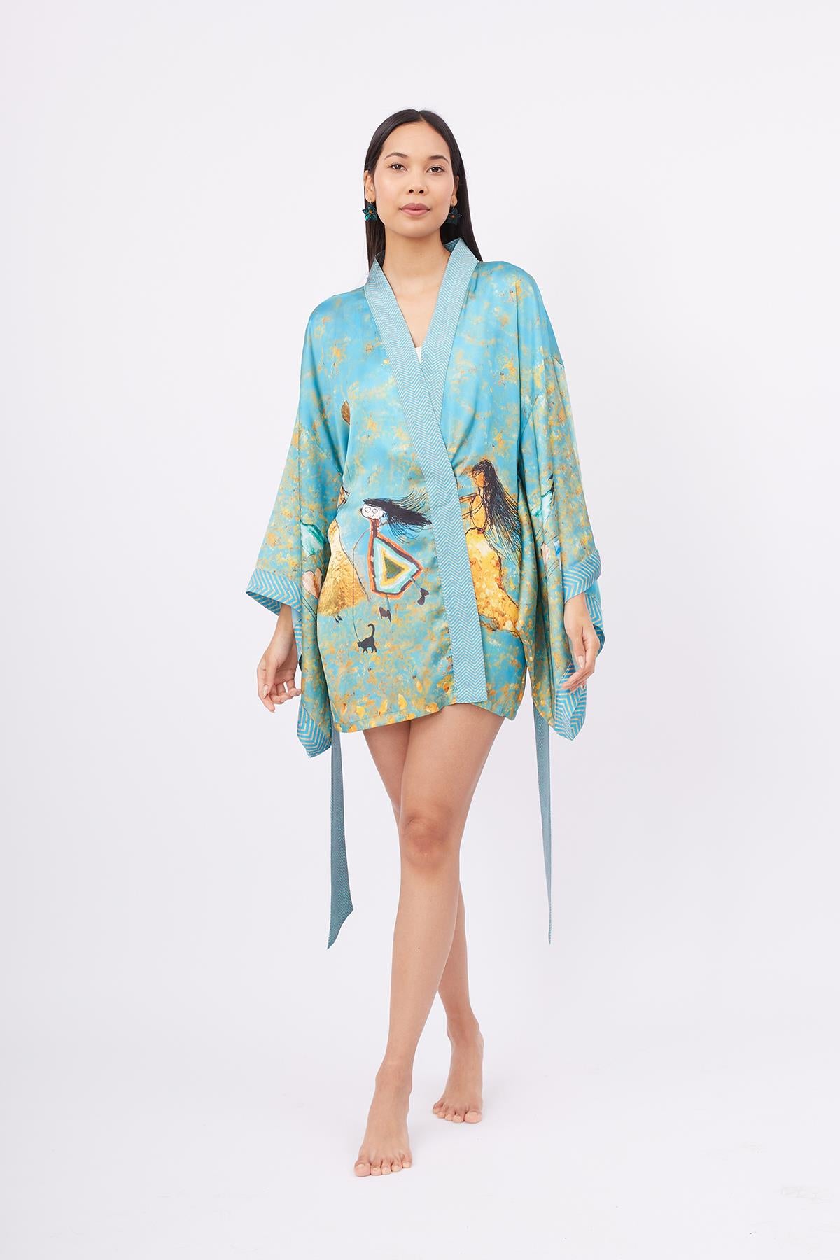 Peraluna-Joy Short Kimono Anne çocuk Baskılı Kısa Saten Kadın Kimono Turkuaz-Kimono-1-milagron.live