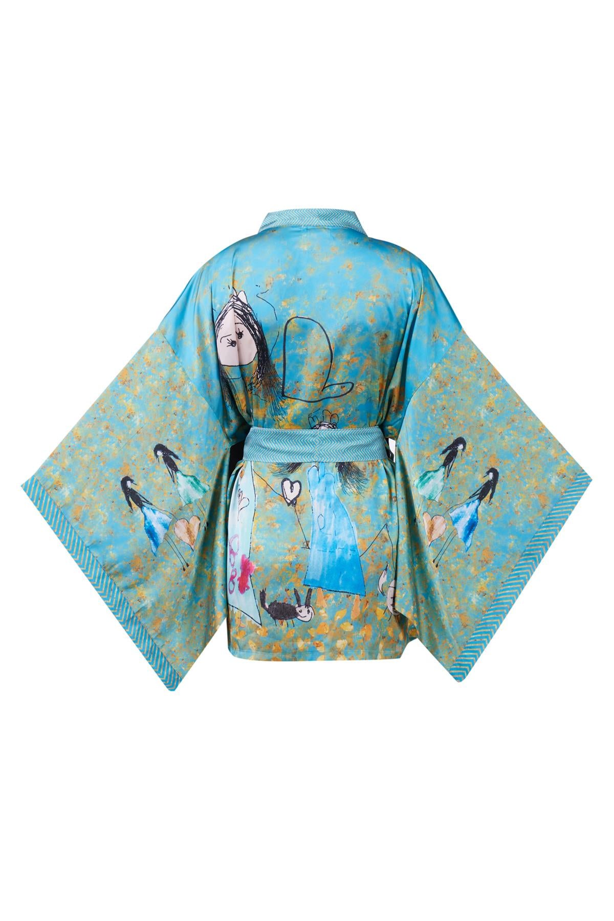 Peraluna-Joy Short Kimono Anne çocuk Baskılı Kısa Saten Kadın Kimono Turkuaz-Kimono-12-milagron.live