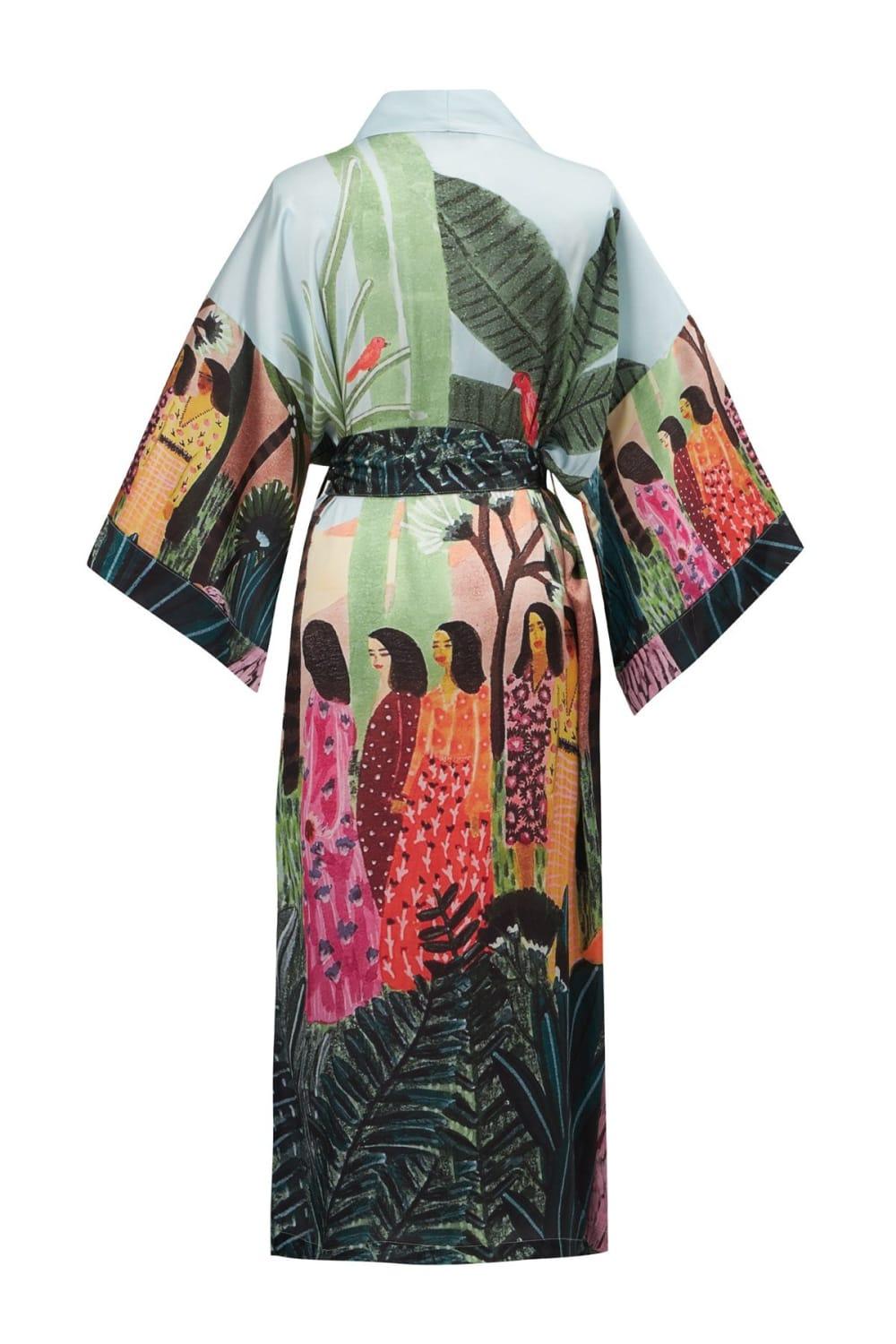 Peraluna-Kauri̇ Tropik Desenli Bilek Hizası Saten Kadın Kimono-Kimono-10-milagron.live