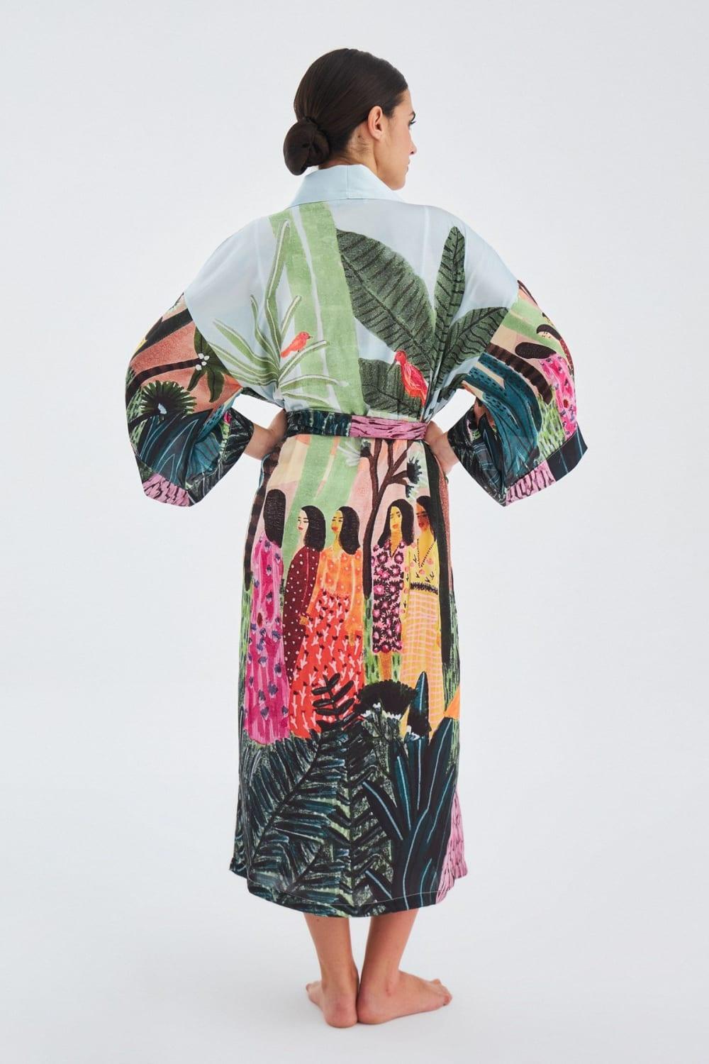 Peraluna-Kauri̇ Tropik Desenli Bilek Hizası Saten Kadın Kimono-Kimono-8-milagron.live