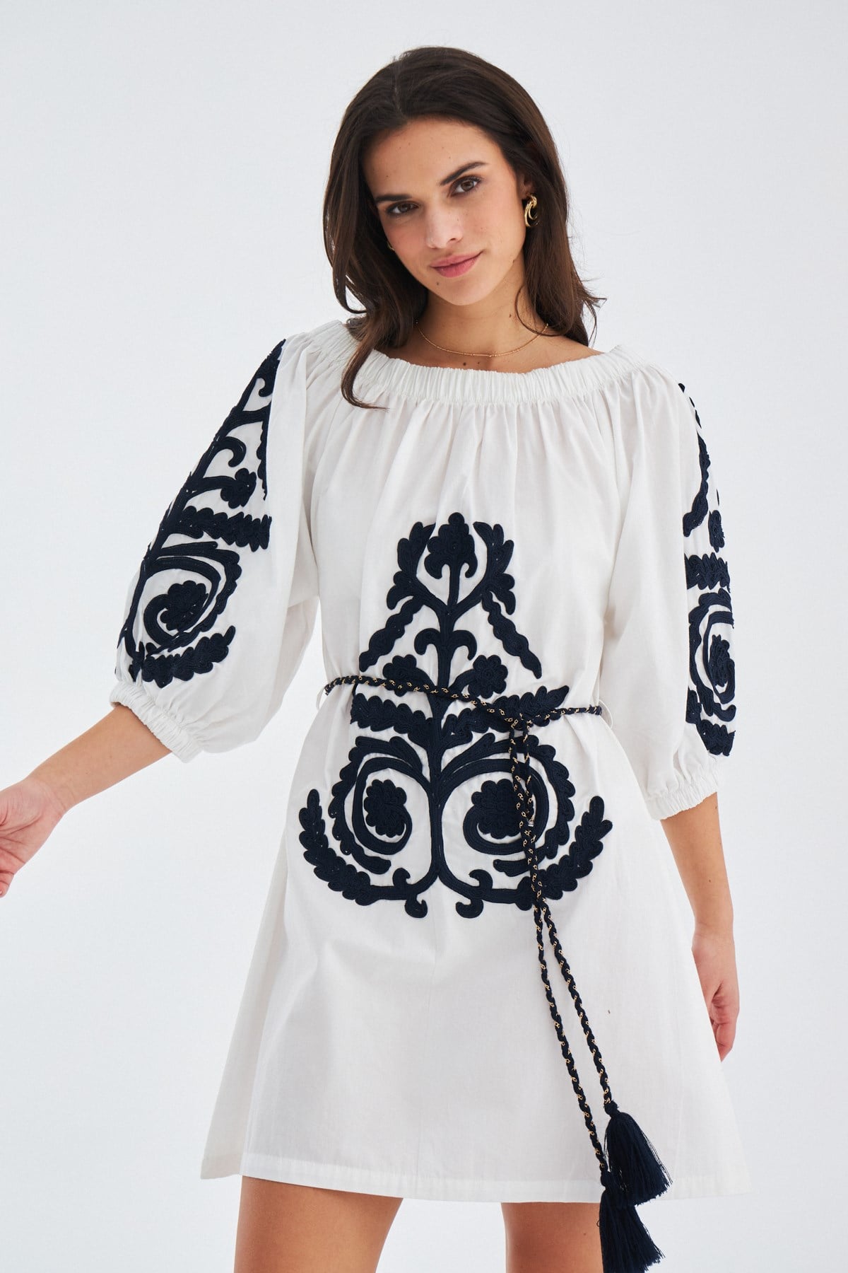 Peraluna Masumi Dress %100 Pamuk Diz Hizası Yazlık Kadın Elbise - Beyaz/Lacivert