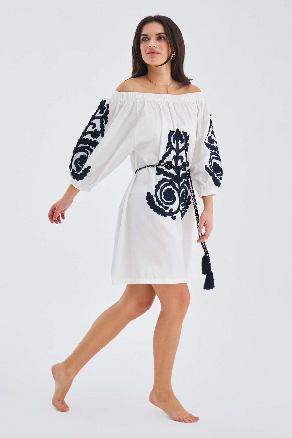 Peraluna Masumi Dress %100 Pamuk Diz Hizası Yazlık Kadın Elbise - Beyaz/Lacivert