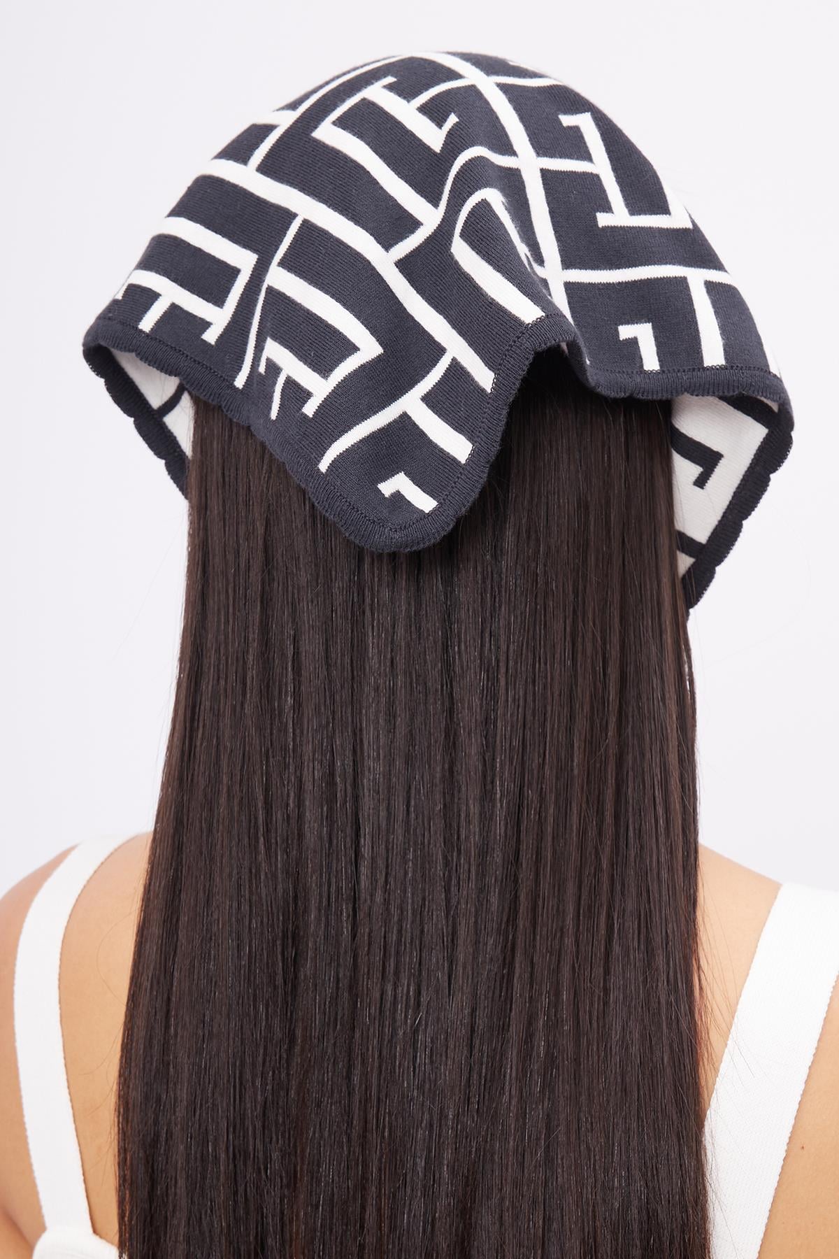 Peraluna Maze Head Scarf Jakarlı Organik Pamuk Kadın Triko Bandana - Antrasit/Ekru