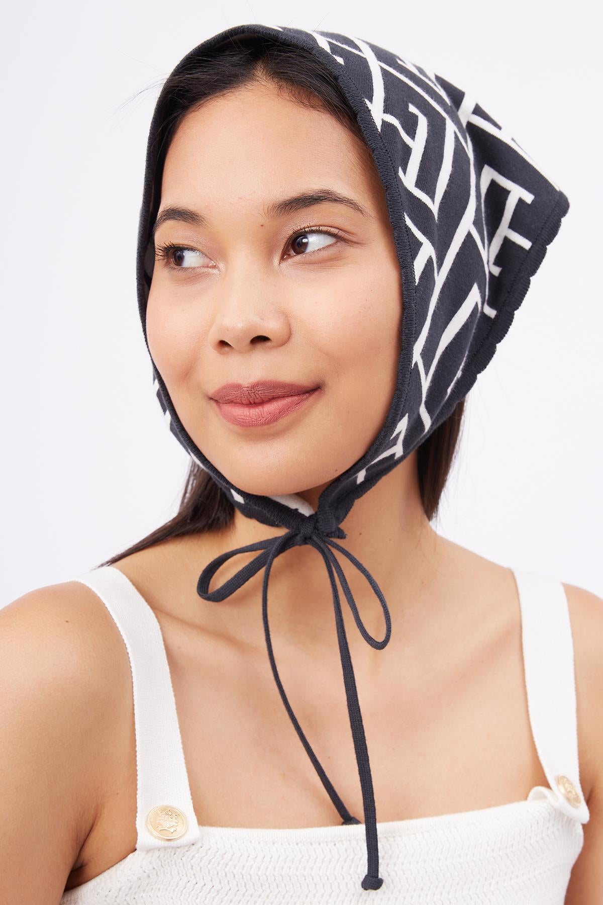 Peraluna Maze Head Scarf Jakarlı Organik Pamuk Kadın Triko Bandana - Antrasit/Ekru