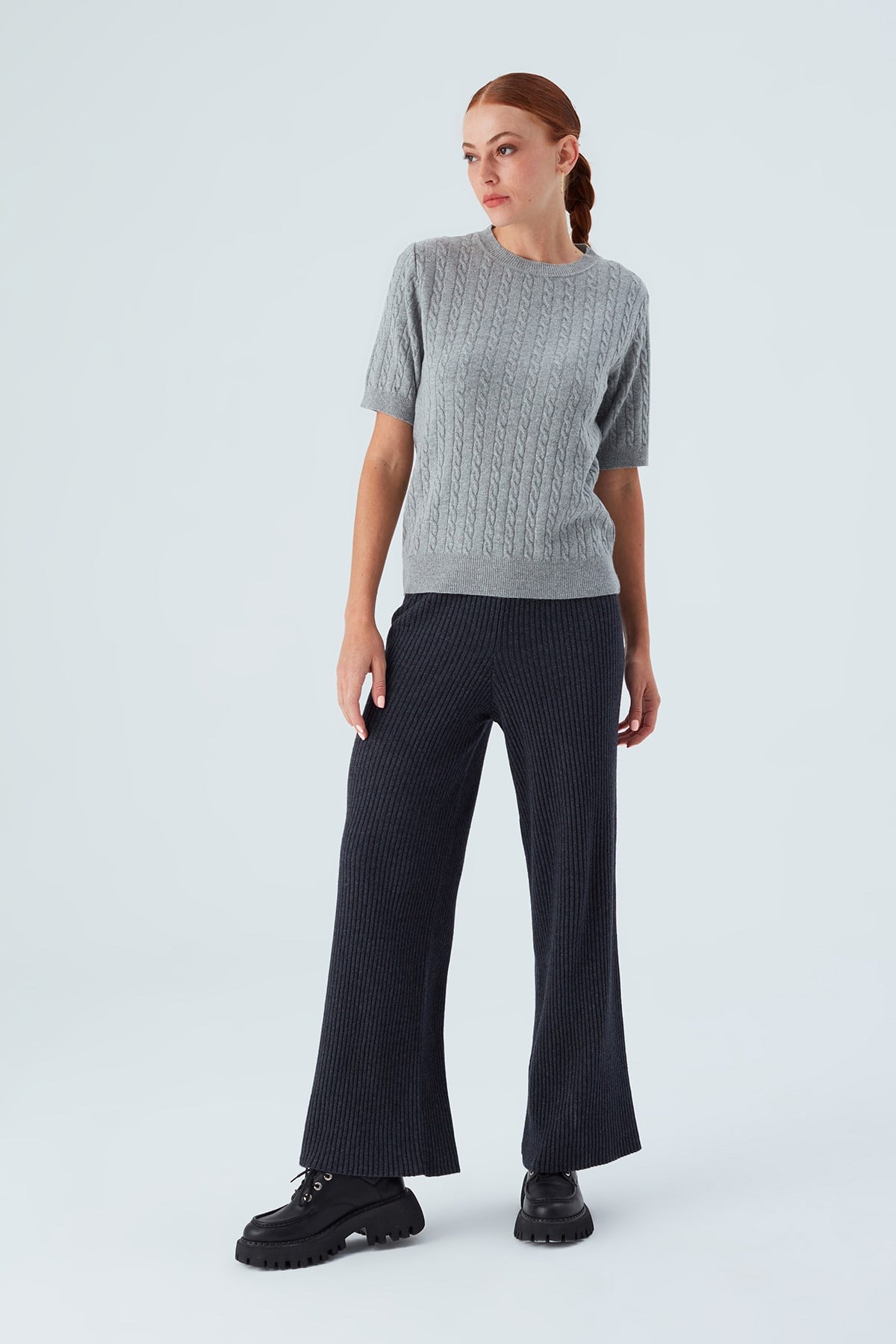 Peraluna Nicole Blouse Saç Örgülü Kısa Kollu Kaşmirli Kadın Triko Bluz - Gri Melanj