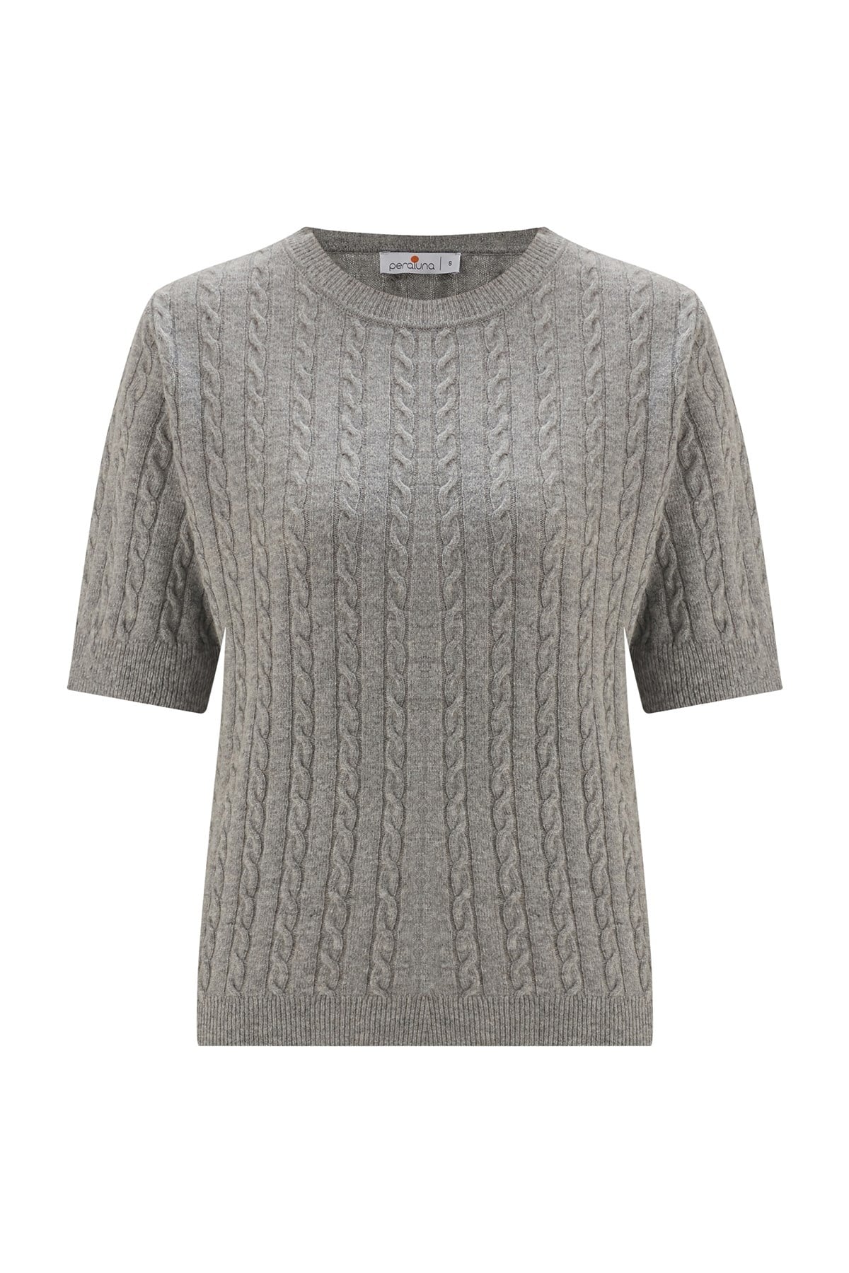 Peraluna Nicole Blouse Saç Örgülü Kısa Kollu Kaşmirli Kadın Triko Bluz - Gri Melanj