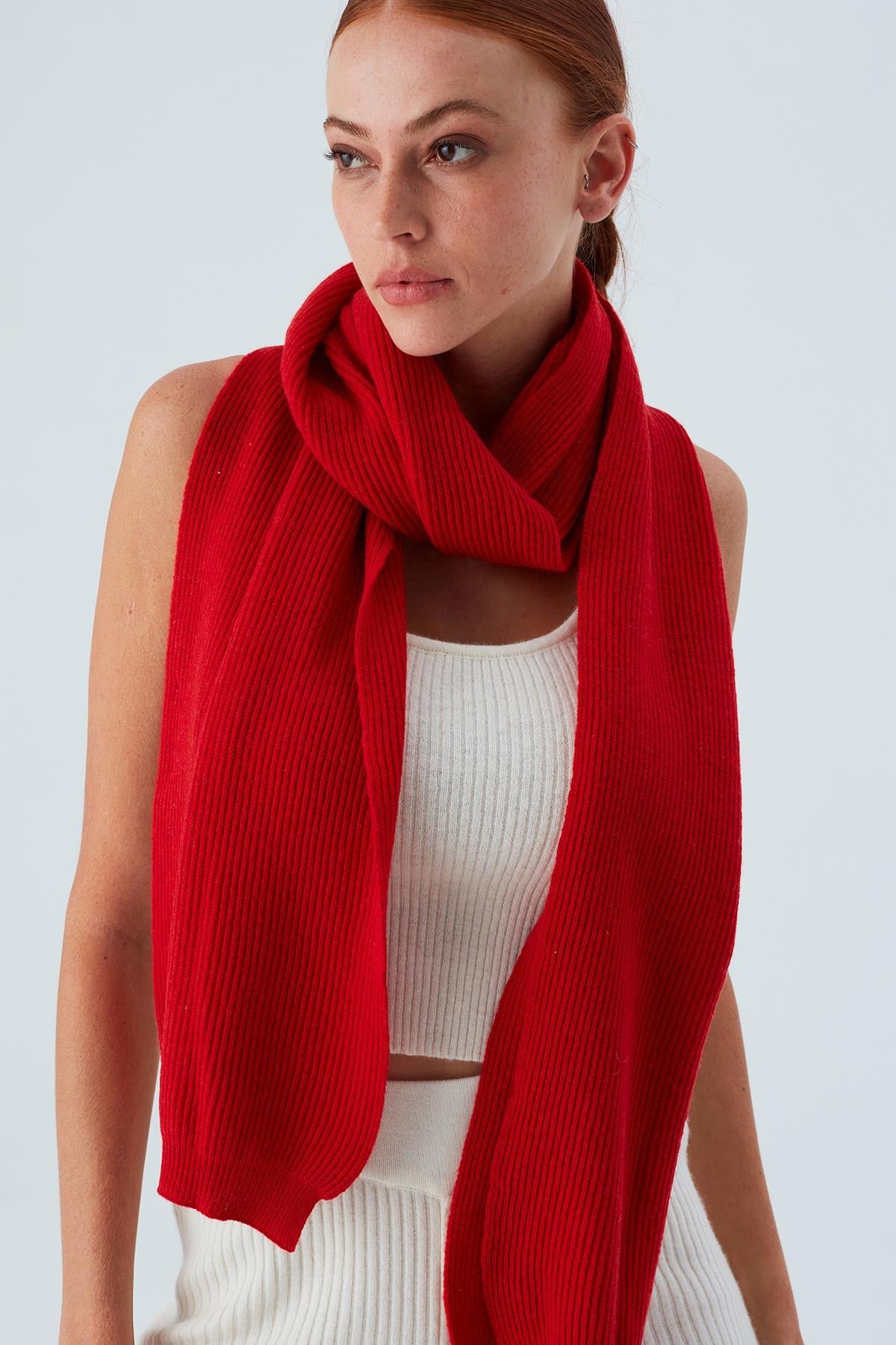 Peraluna Nomi Scarf Selanik Örgü Kaşmir Karışımlı Yumuşak Kadın Triko Atkı - Kırmızı
