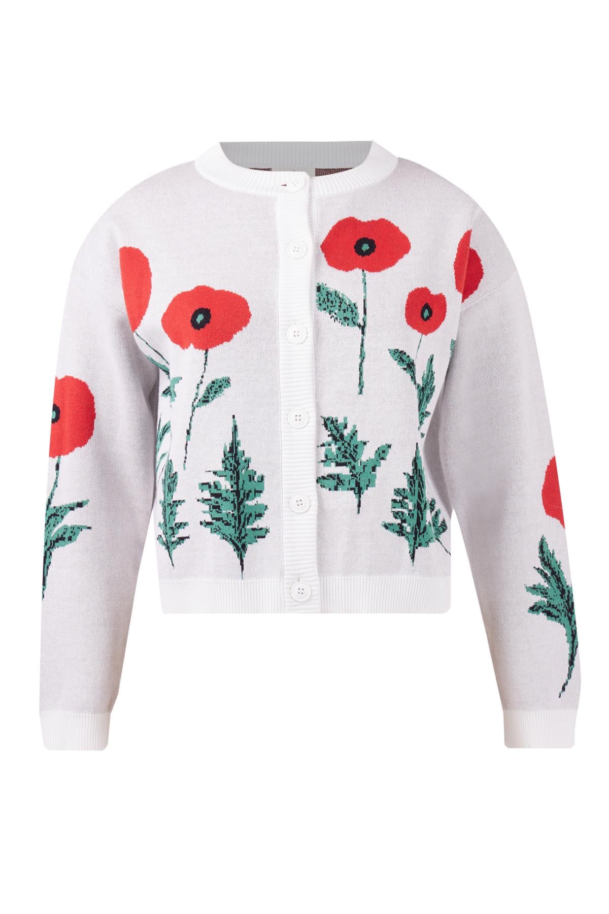 Peraluna-Poppy Cardigan Gelincik Desen Bisiklet Yaka Rahat Kesim Kadın Triko Hırka Ekru-Kazak & Triko-9-milagron.live