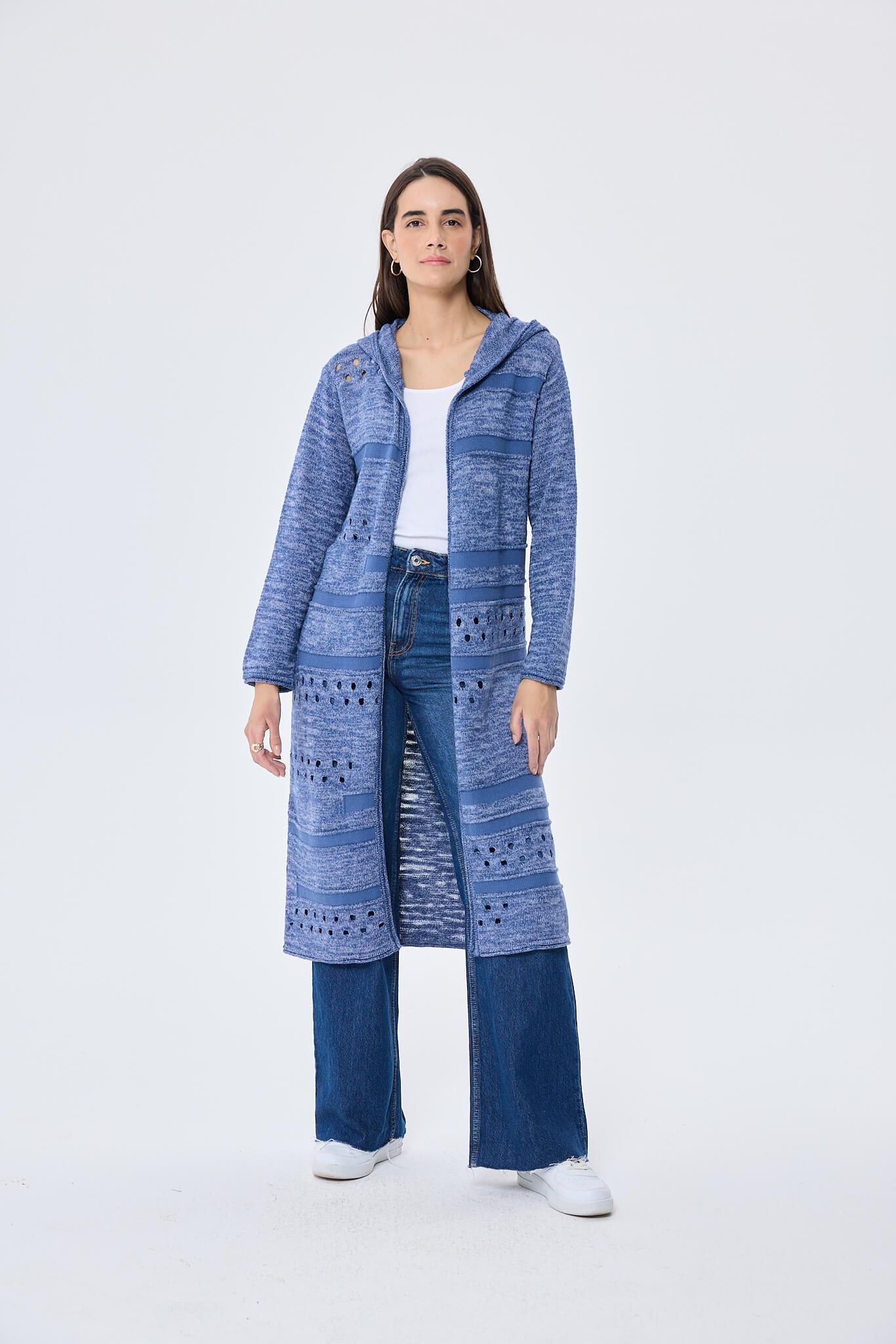 Peraluna Skyler, Ajurlu, Kadın Kapüşonlu Yazlık Uzun Triko Hırka - Denim Mix