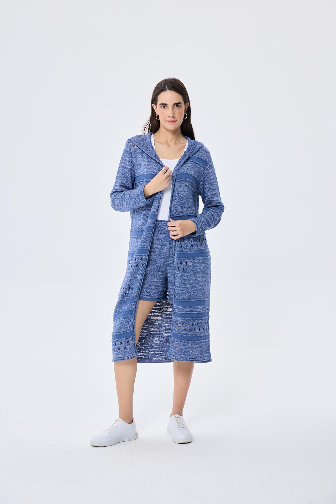 Peraluna Skyler, Ajurlu, Kadın Kapüşonlu Yazlık Uzun Triko Hırka - Denim Mix