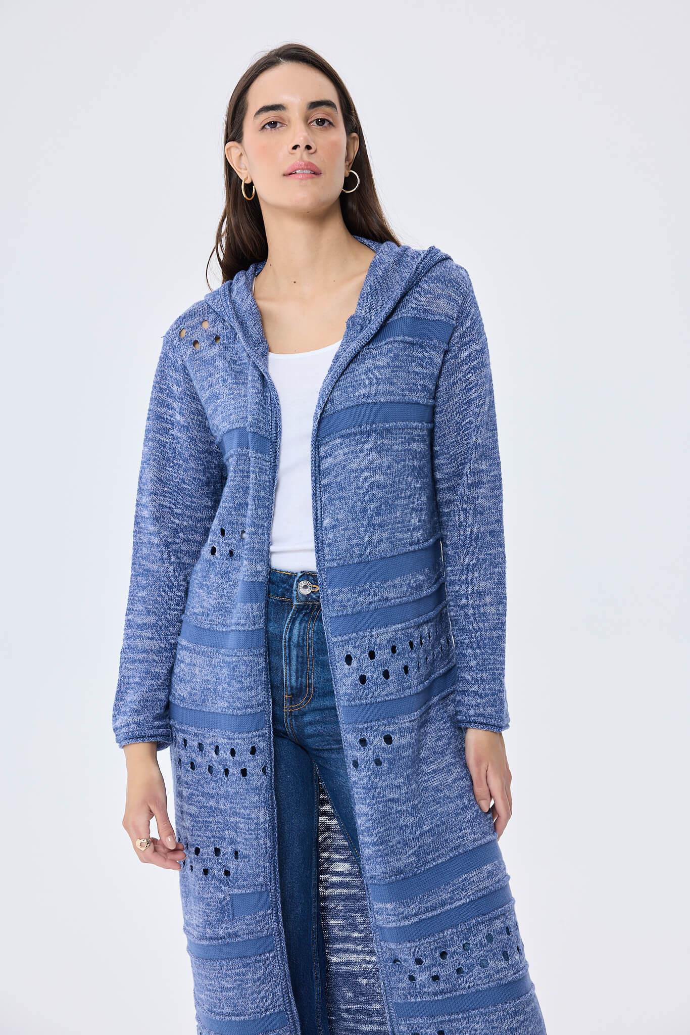 Peraluna Skyler, Ajurlu, Kadın Kapüşonlu Yazlık Uzun Triko Hırka - Denim Mix