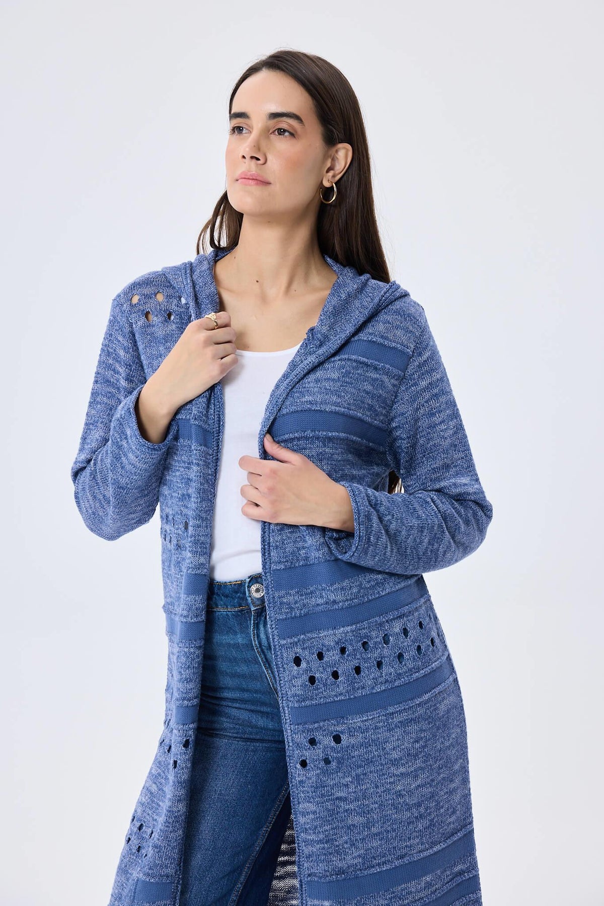Peraluna Skyler, Ajurlu, Kadın Kapüşonlu Yazlık Uzun Triko Hırka - Denim Mix