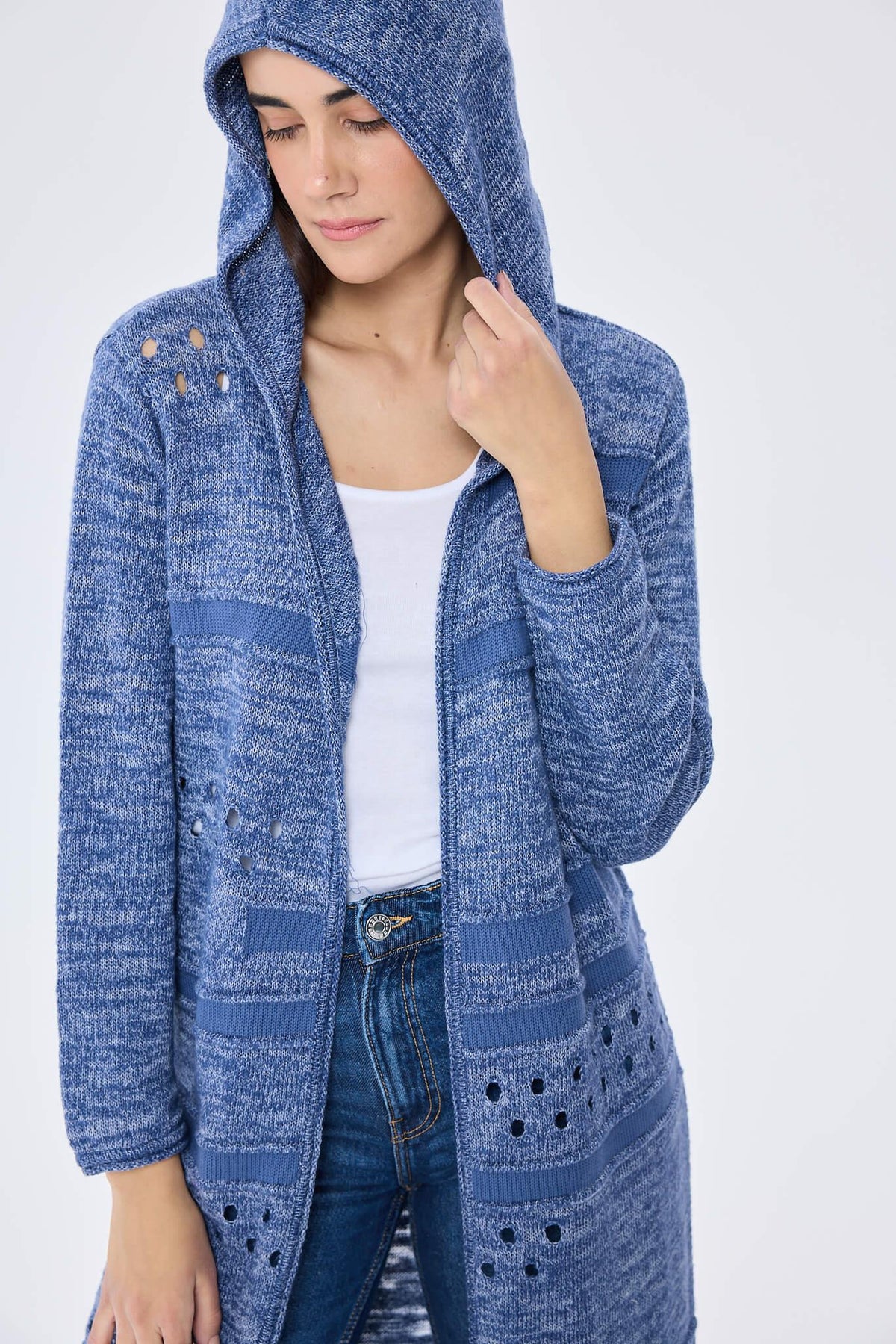 Peraluna Skyler, Ajurlu, Kadın Kapüşonlu Yazlık Uzun Triko Hırka - Denim Mix