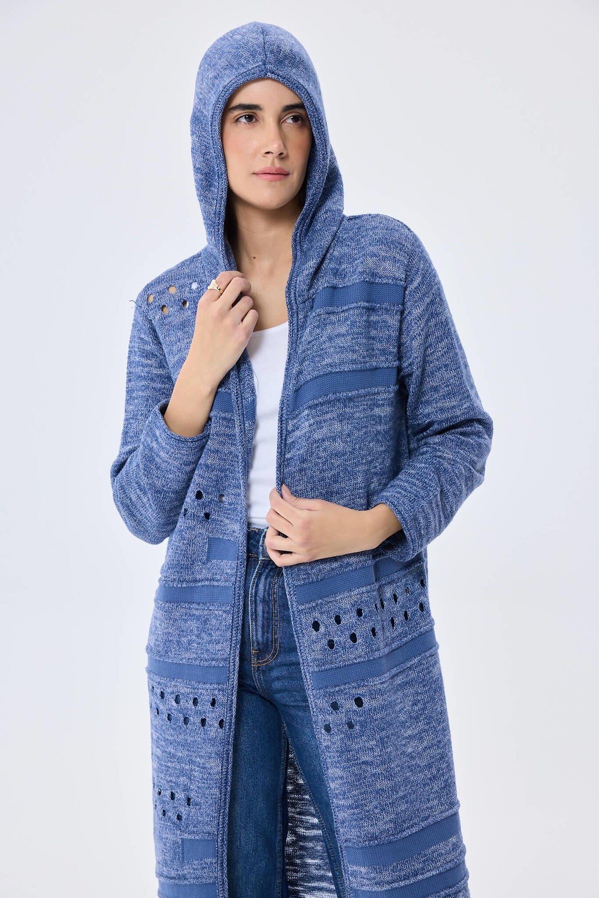 Peraluna Skyler, Ajurlu, Kadın Kapüşonlu Yazlık Uzun Triko Hırka - Denim Mix