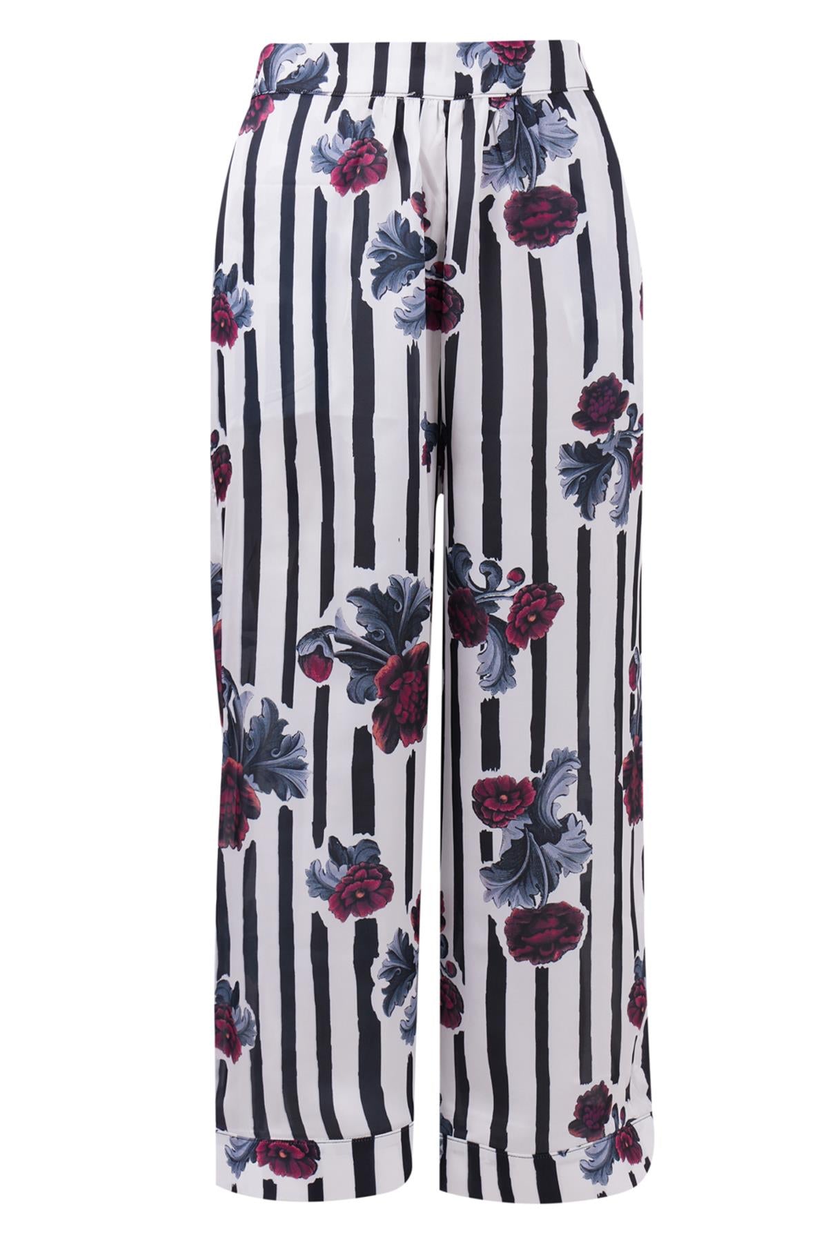 Peraluna-Stripe Garden Trouser Çizgili Güllü Baskılı Saten Kadın Pantolon-Pantolon-9-milagron.live