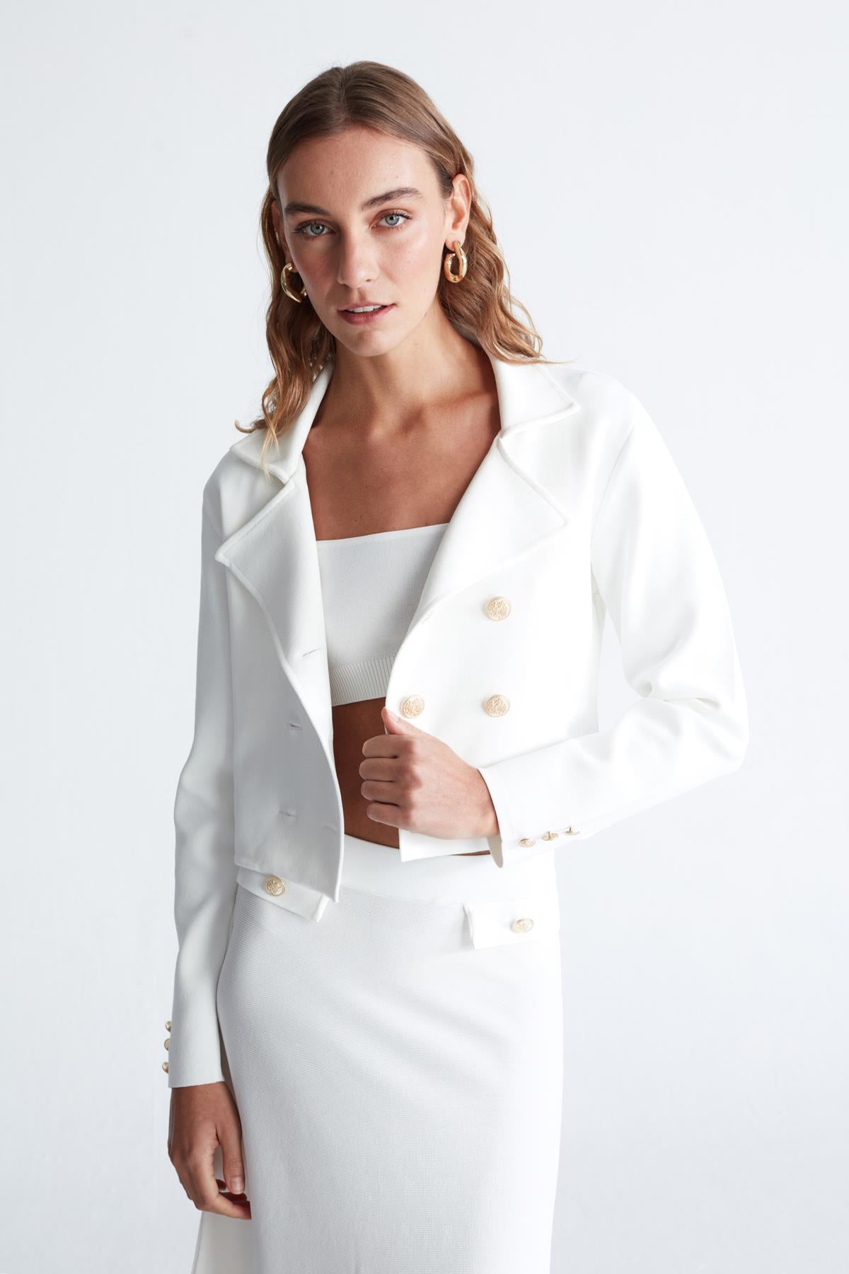 Styleboom X Peraluna Kathy Blazer Çelik Örgü Crop Kruvaze Blazer Kadın Triko Ceket - Ekru