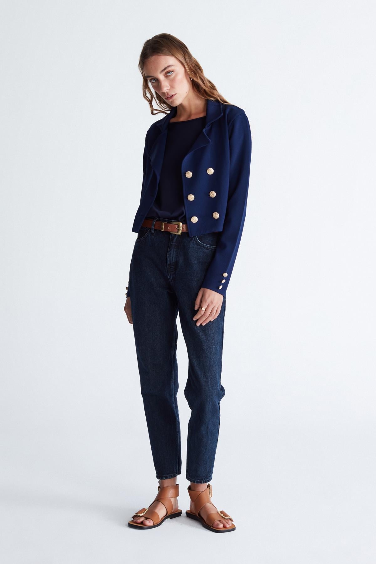 Styleboom X Peraluna Kathy Blazer Çelik Örgü Crop Kruvaze Blazer Kadın Triko Ceket - Lacivert