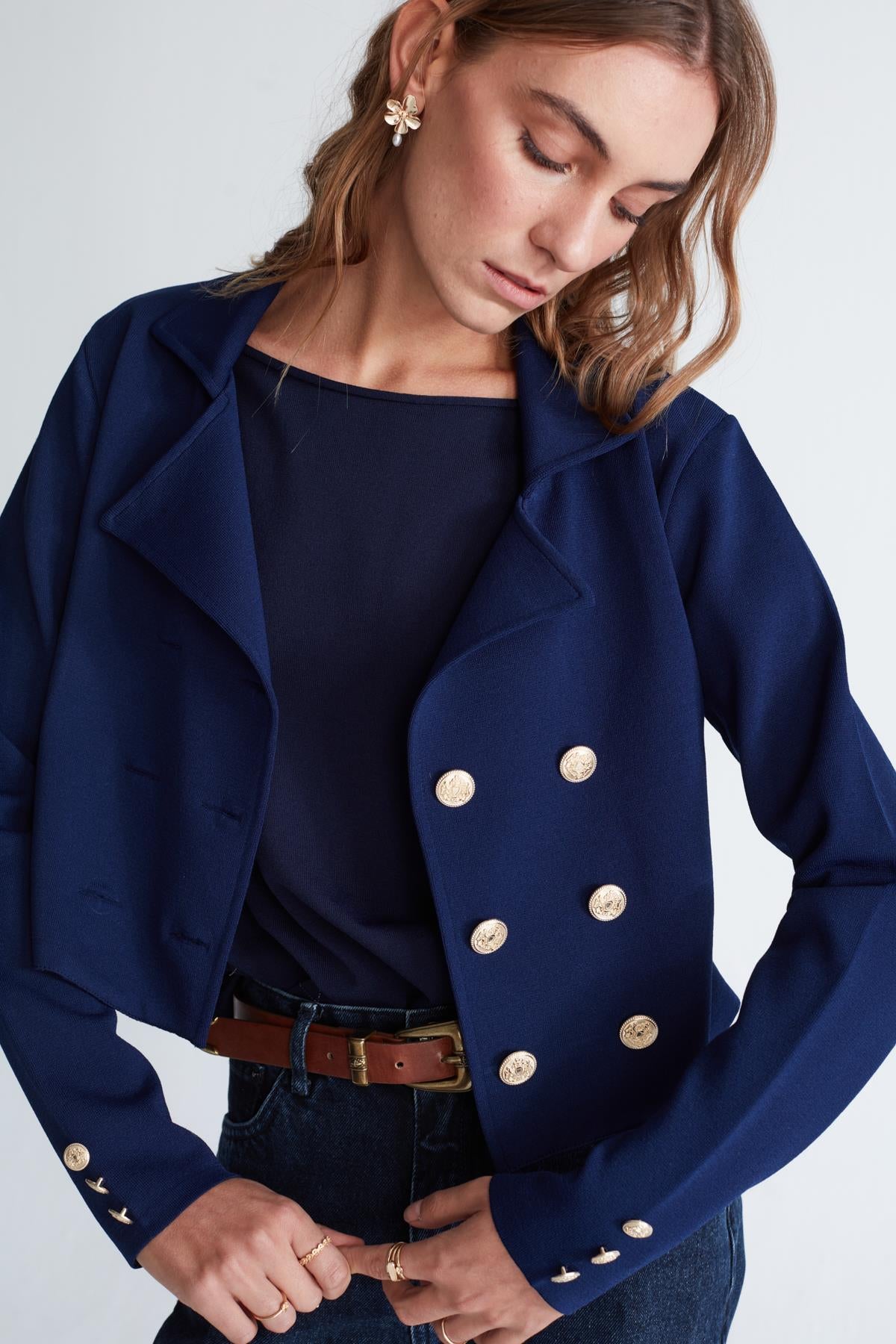 Styleboom X Peraluna Kathy Blazer Çelik Örgü Crop Kruvaze Blazer Kadın Triko Ceket - Lacivert