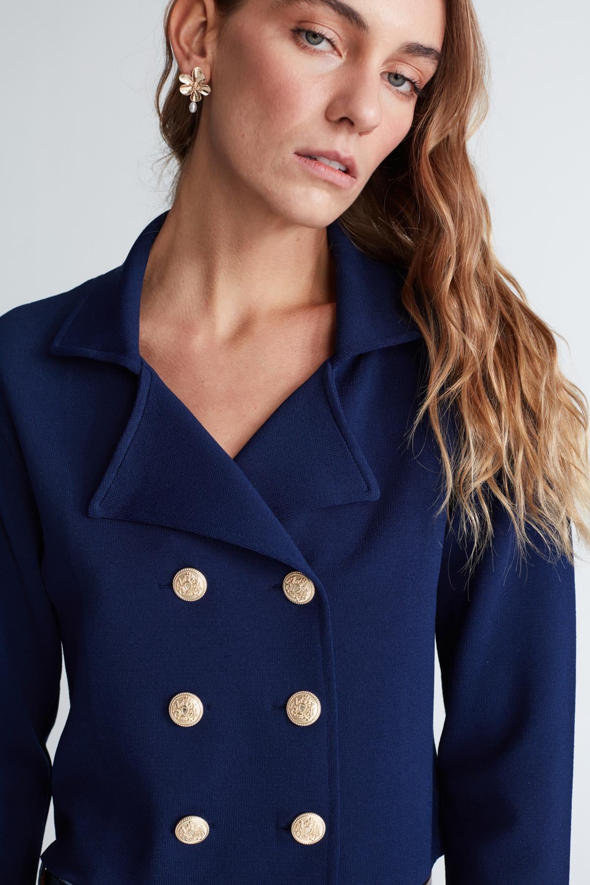 Styleboom X Peraluna Kathy Blazer Çelik Örgü Crop Kruvaze Blazer Kadın Triko Ceket - Lacivert