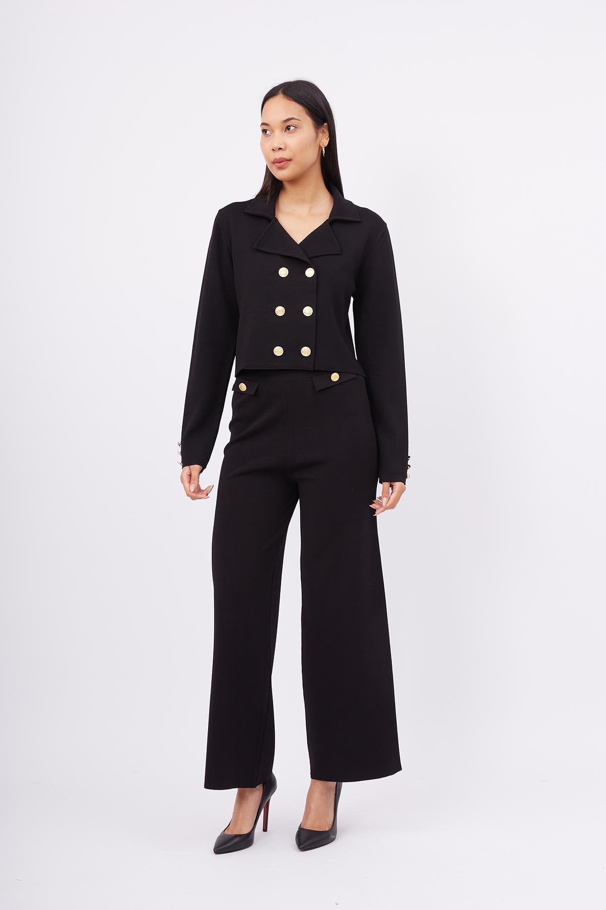 Peraluna-Styleboom X Kathy Blazer Çelik Örgü Crop Kruvaze Blazer Kadın Triko Ceket Siyah-Blazer Ceket-2-milagron.live