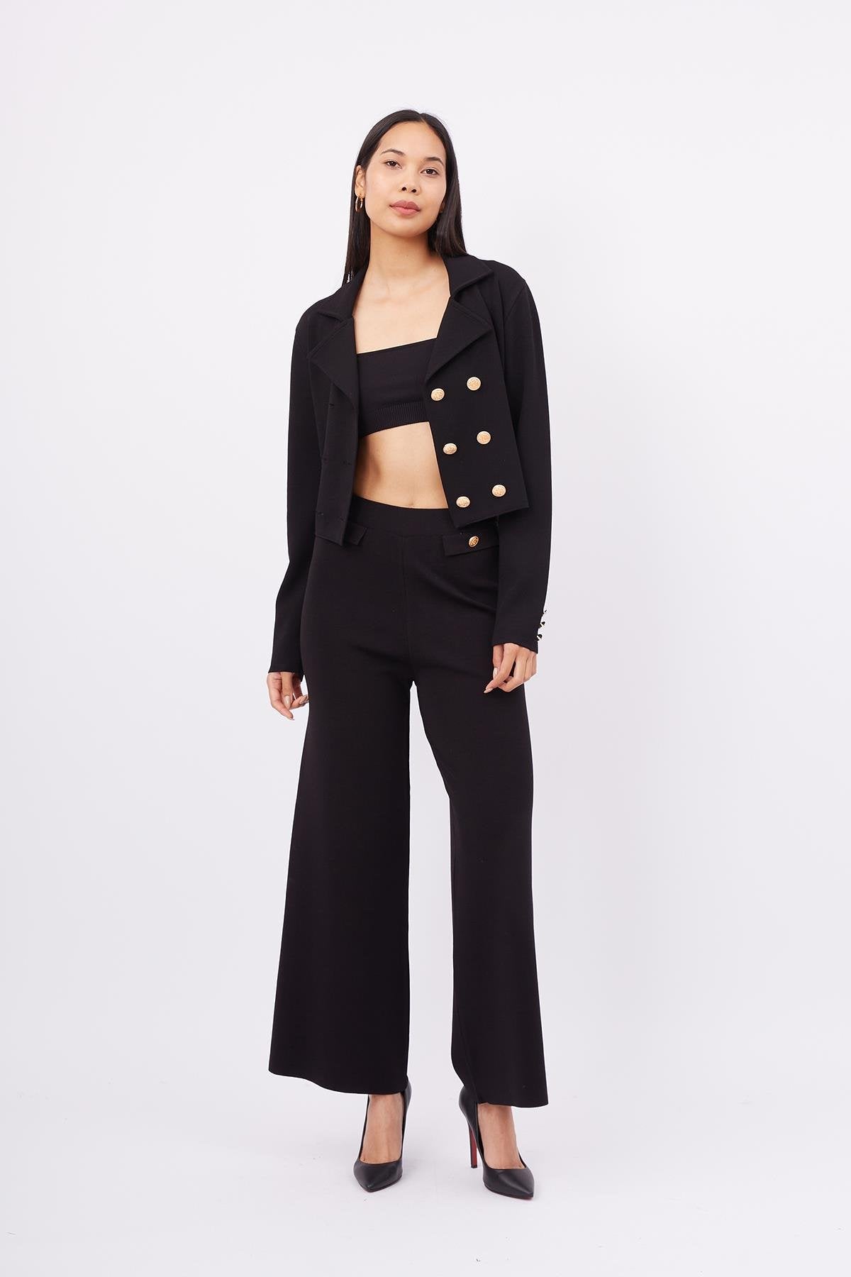 Peraluna-Styleboom X Kathy Blazer Çelik Örgü Crop Kruvaze Blazer Kadın Triko Ceket Siyah-Blazer Ceket-7-milagron.live