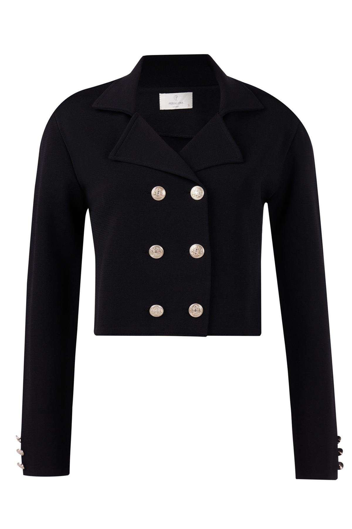 Peraluna-Styleboom X Kathy Blazer Çelik Örgü Crop Kruvaze Blazer Kadın Triko Ceket Siyah-Blazer Ceket-9-milagron.live