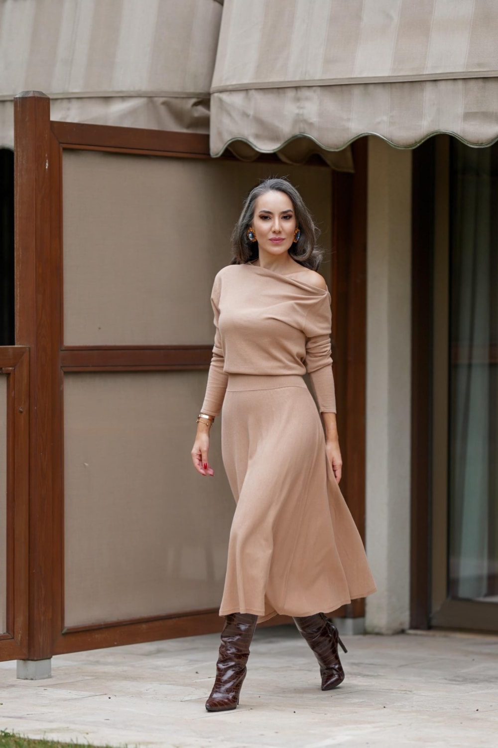 Peraluna-Styleboom X Mayfair Dress Yaka Büzgü Detaylı Tek Omuz Açık Kadın Triko Elbise-Elbise-1-milagron.live