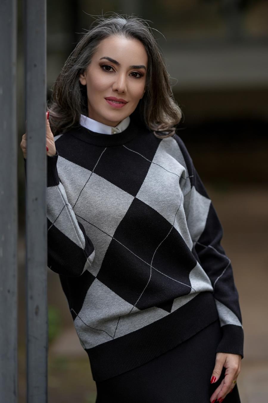Styleboom X Peraluna Oxford Pullover Bisiklet Yaka Baklava Desen Kadın Triko Kazak - Siyah