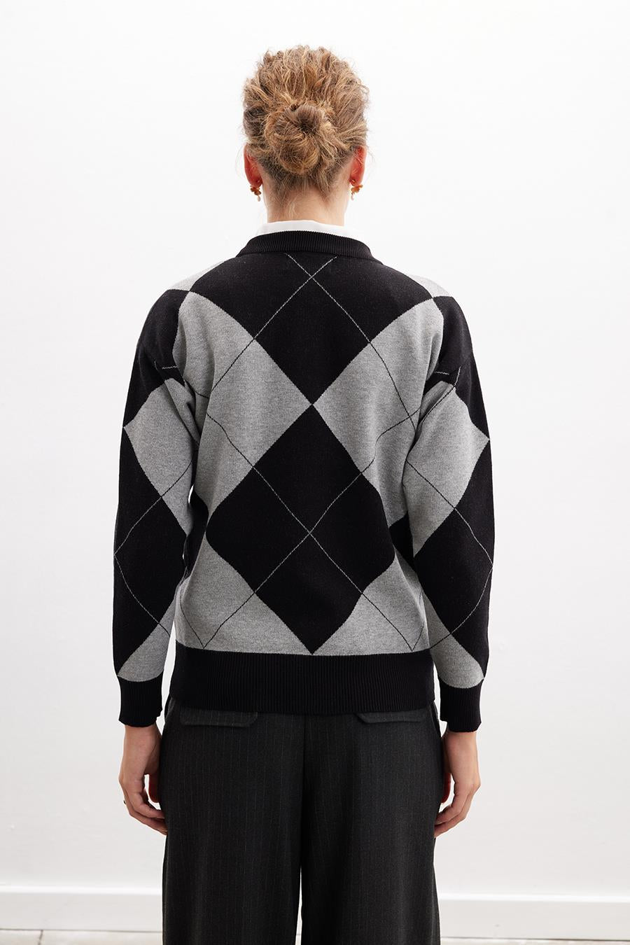 Styleboom X Peraluna Oxford Pullover Bisiklet Yaka Baklava Desen Kadın Triko Kazak - Siyah