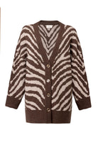 Peraluna Zebra Cardigan V Yaka Zebra Desen Organik Pamuk-Yün Karışım Geniş Kesim Kadın Triko Hırka - Kahve