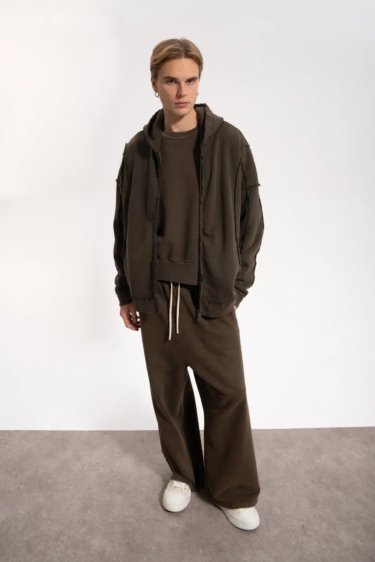 Erkek Oversized Washed Raw Seam Zip Hoodie - Kahverengi