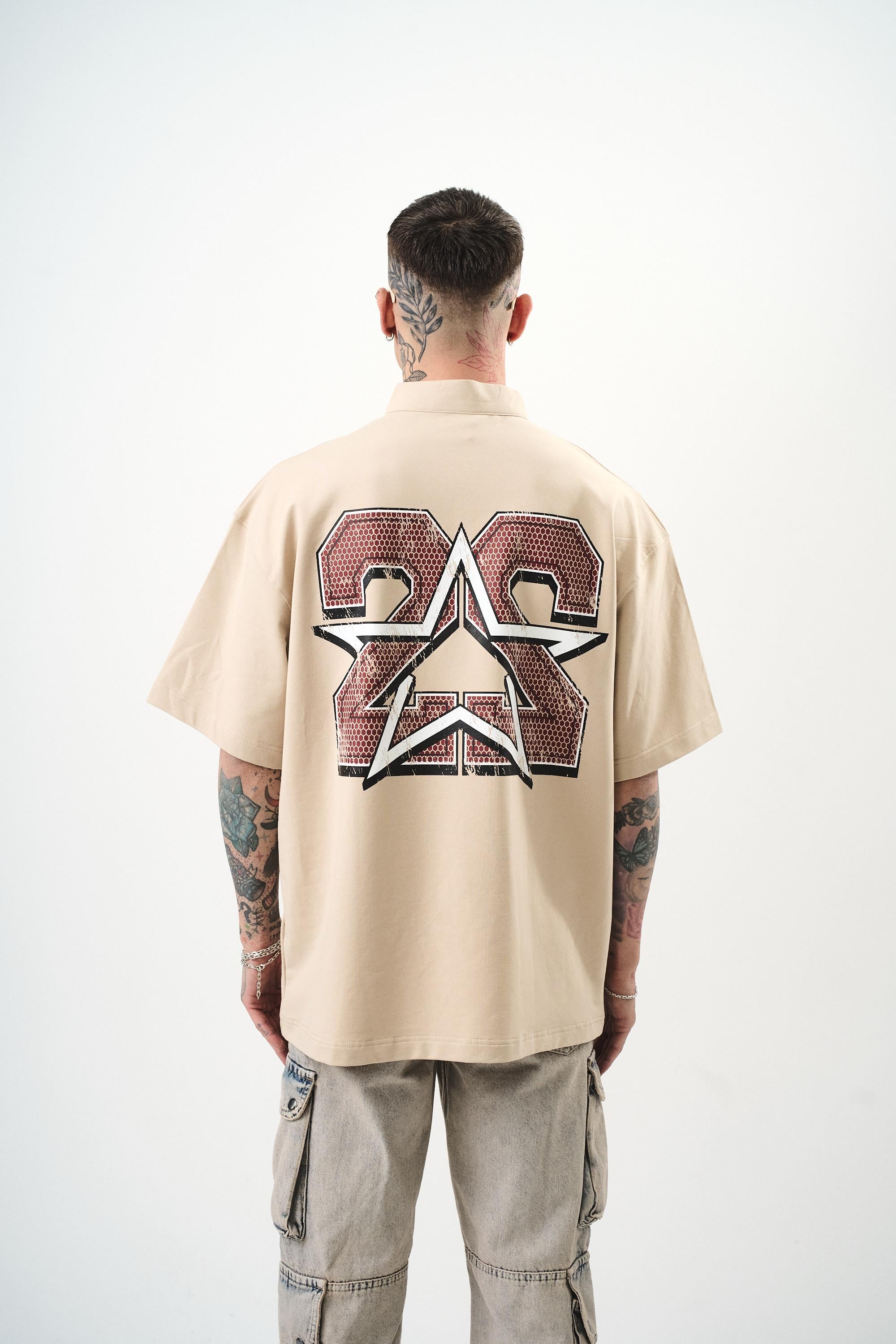 Erkek 22 Baskılı Yarım Fermuarlı Oversize T-Shirt Bej