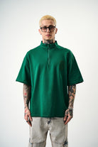 Erkek 3 Nakışlı Yarım Fermuarlı Oversize T-Shirt Nefti