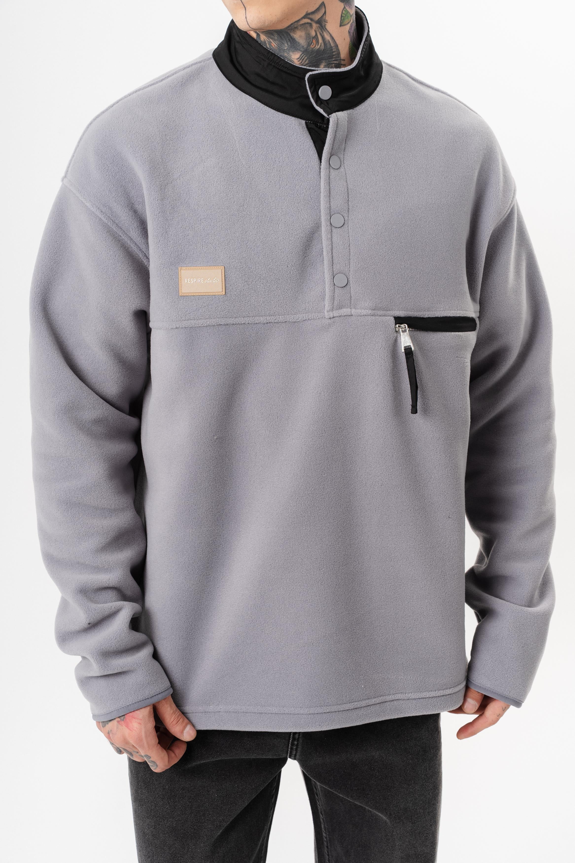 Erkek Düğme Detaylı Oversize Polar Sweatshirt Gri