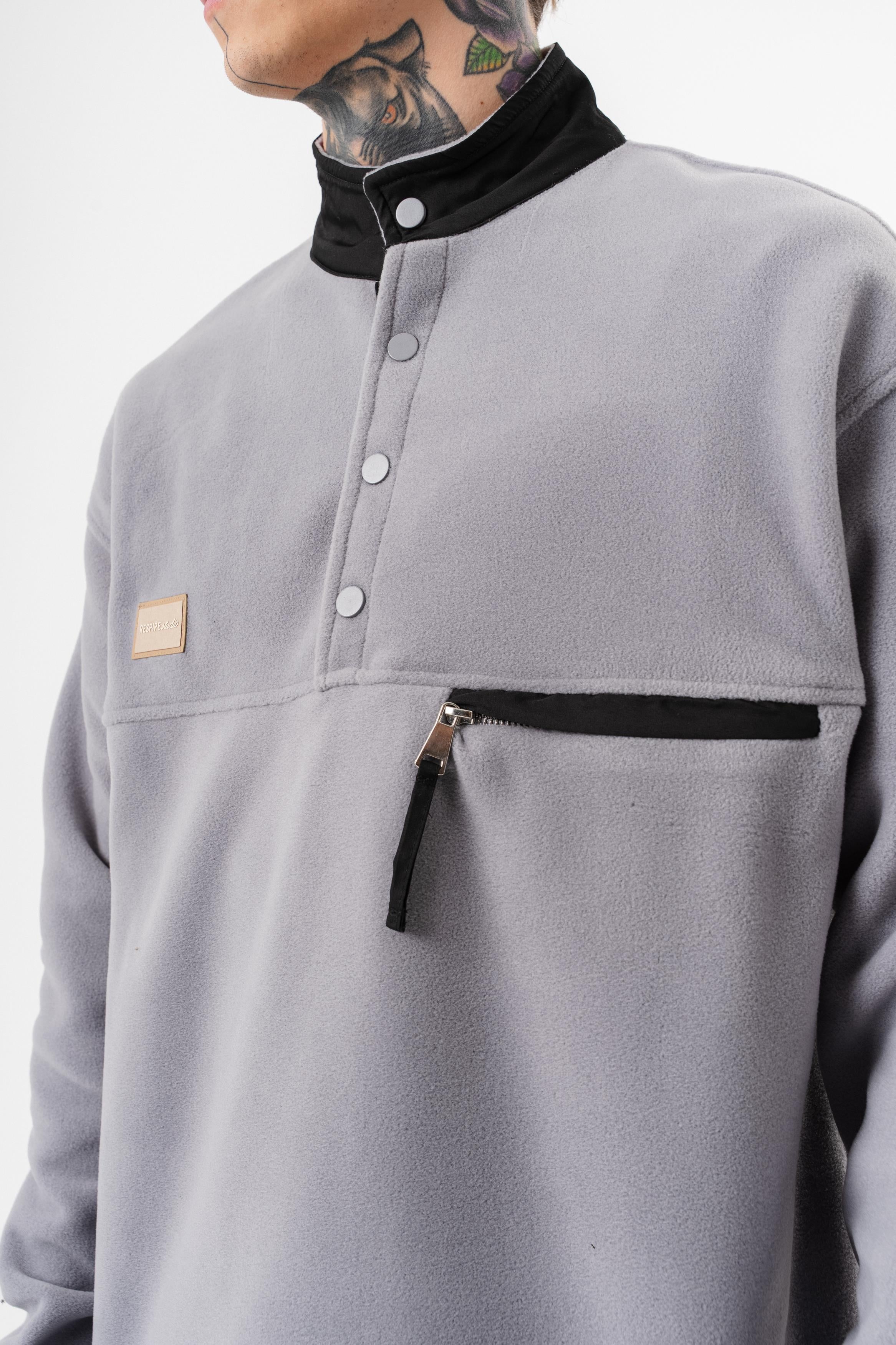 Erkek Düğme Detaylı Oversize Polar Sweatshirt Gri