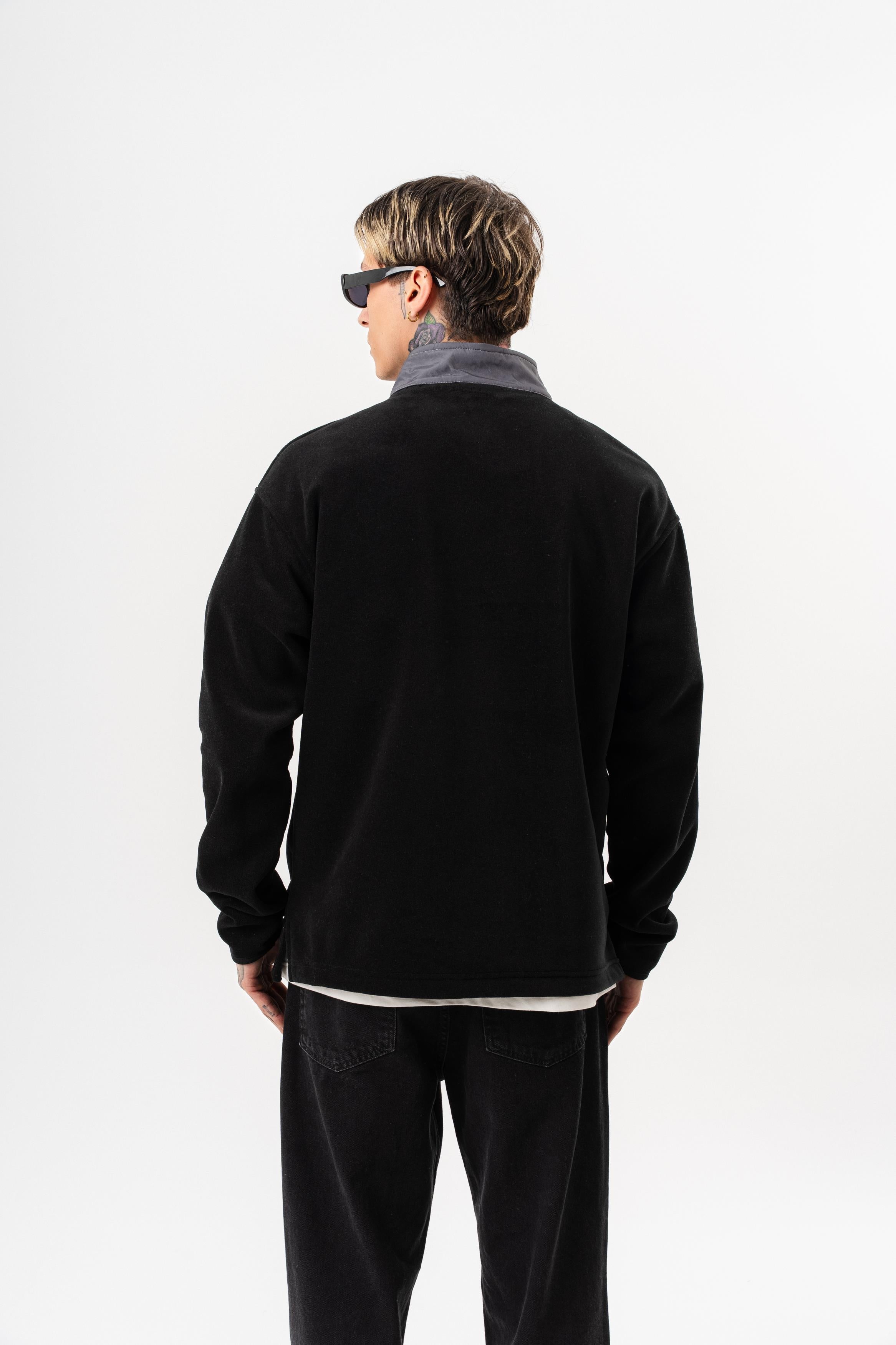 Erkek Düğme Detaylı Oversize Polar Sweatshirt Siyah