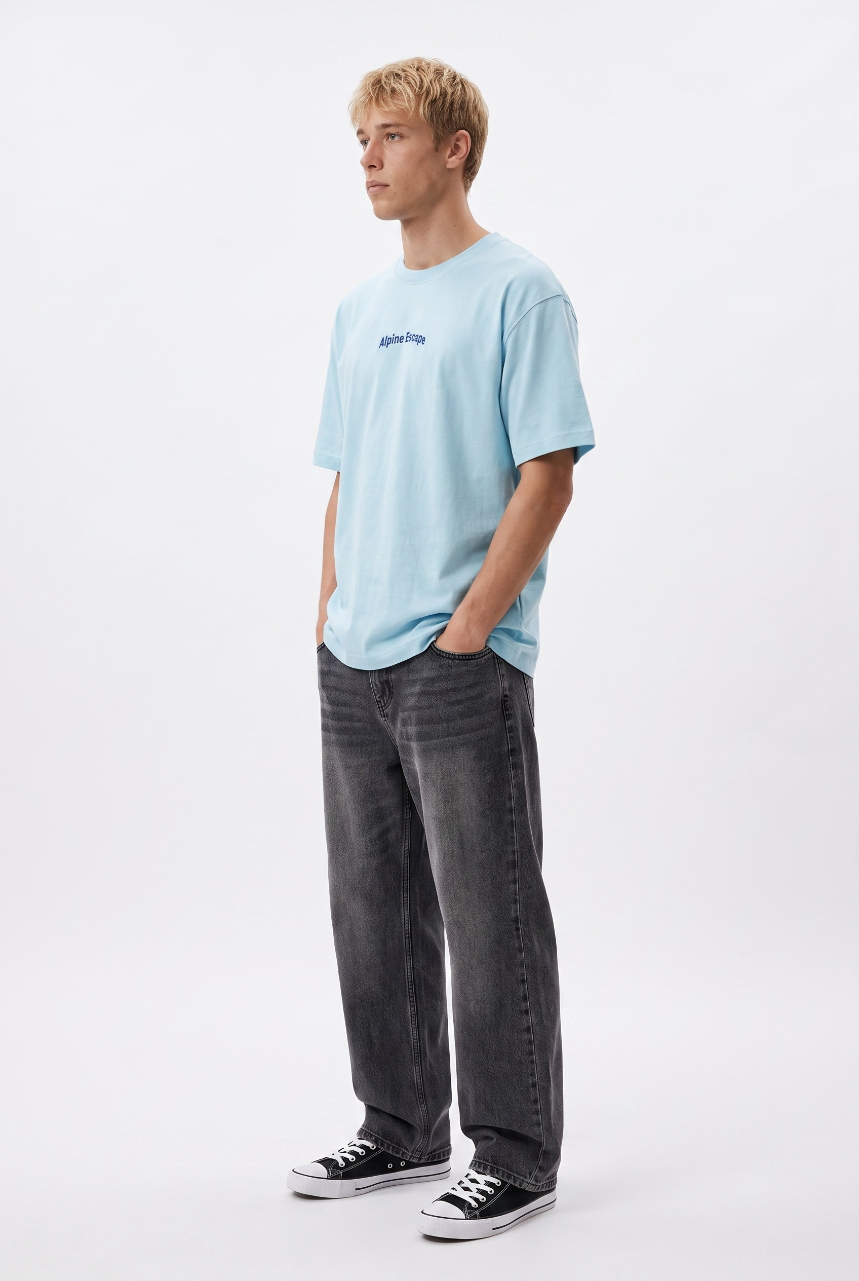 Erkek Alpine Nakışlı Oversize T-Shirt Bebe Mavi